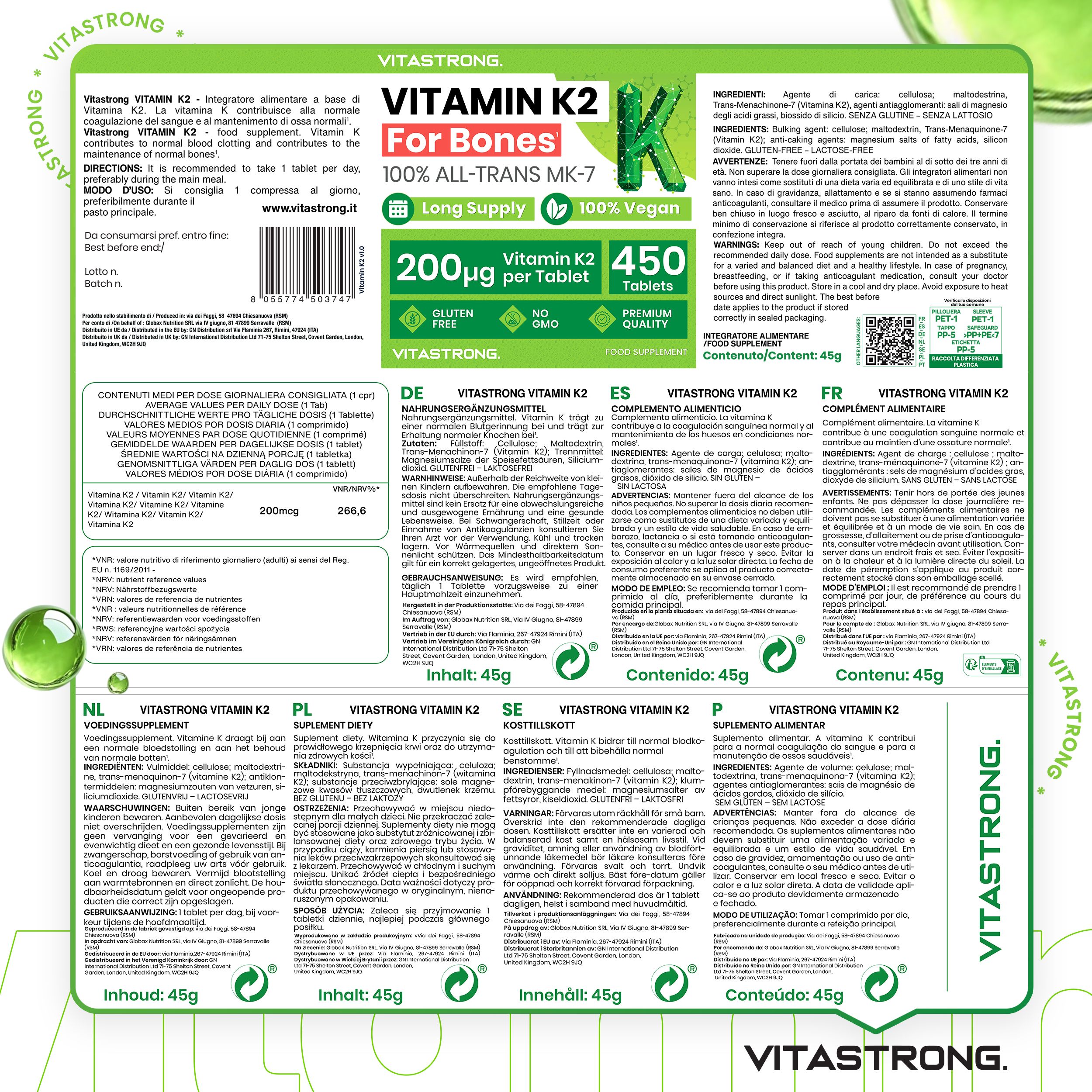 Rückseite der Vitamin K2 Verpackung. Inhaltsstoffe, Nährwertangaben, Anwendungshinweise in verschiedenen Sprachen.