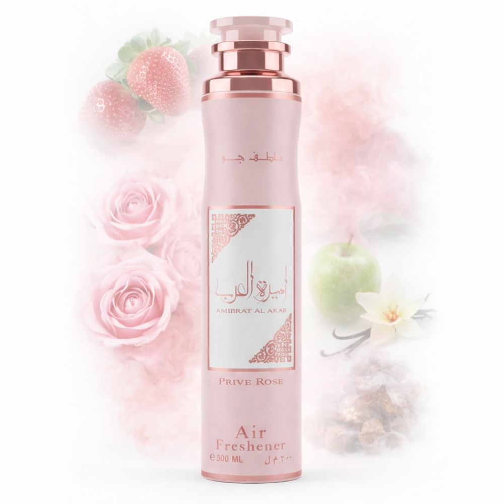 Rosa Raumduftspray mit goldfarbenen Details, umgeben von Früchten und Blüten. "Privé Rose".