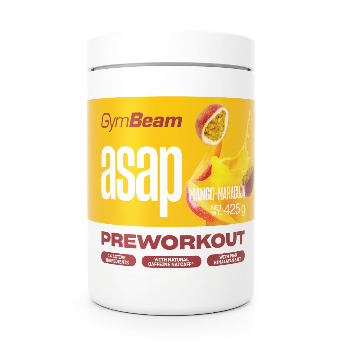 GymBeam ASAP Pre-Workout Pulver in Mango-Maracuja Geschmack, 425g Dose. Mit 14 aktiven Inhaltsstoffen.