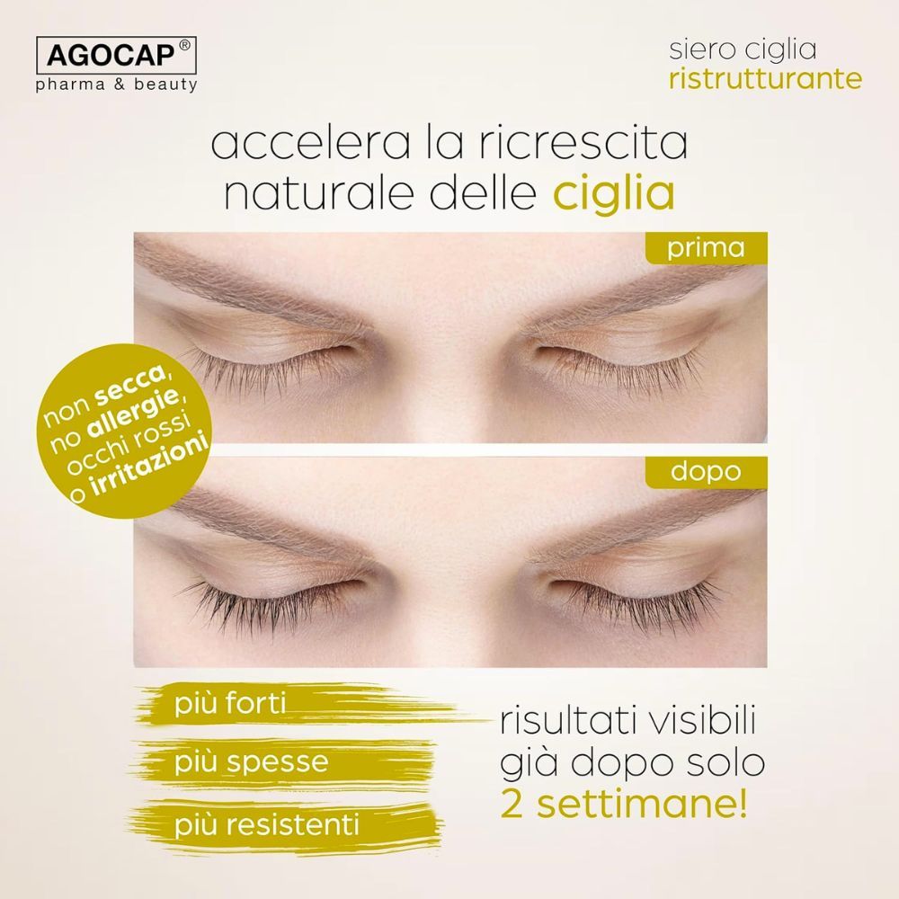 Vorher-Nachher-Vergleich von Wimpern. Text: beschreibt Ergebnisse nach 2 Wochen. Agocap-Logo und Produktname.