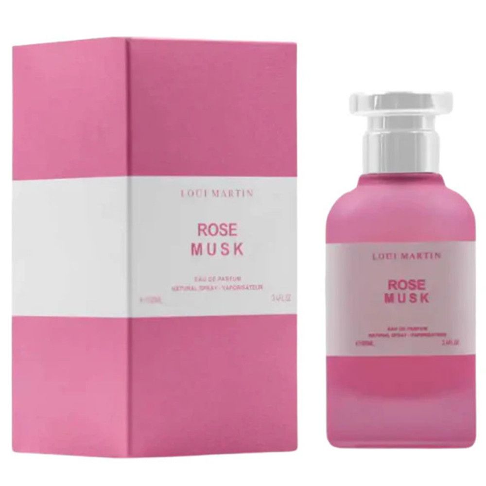 Rosa Schachtel und Flasche. Flasche mit "Rose Musk" und "Loui Martin". Schachtel mit Streifen.
