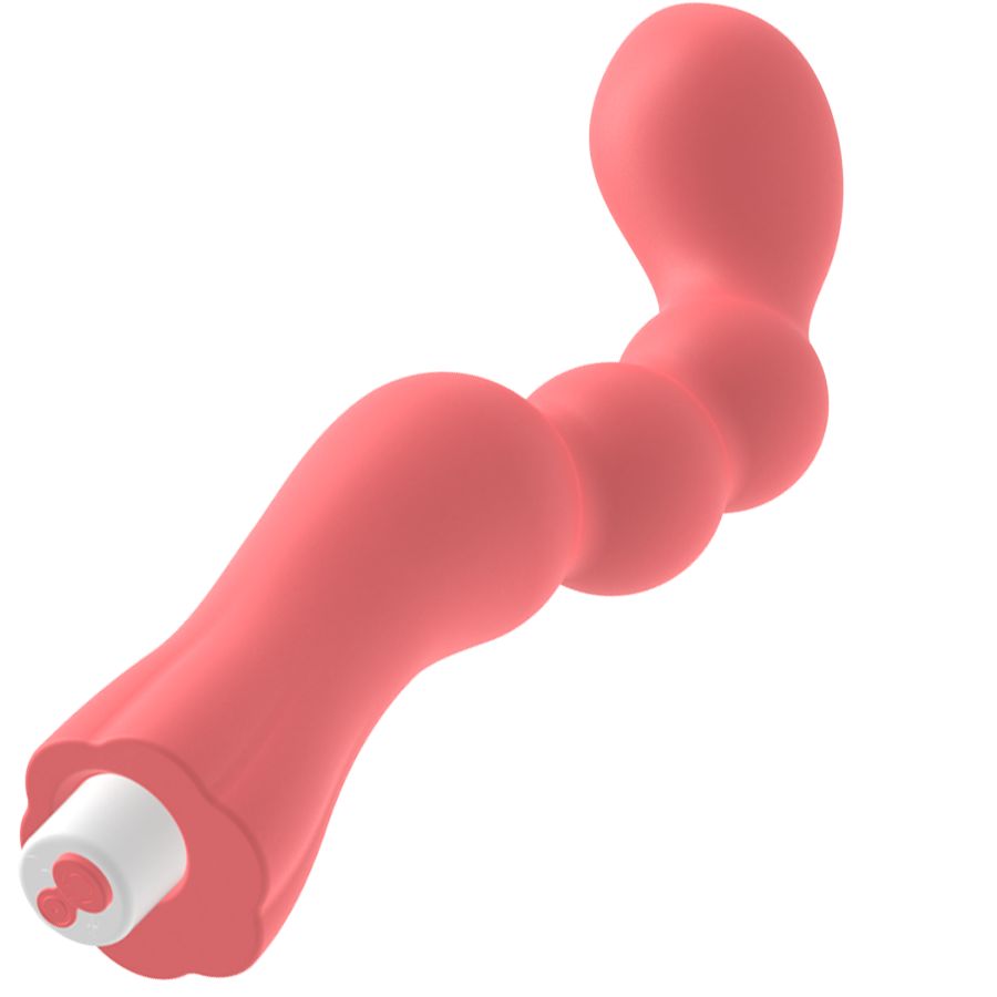 Korallenfarbener Vibrator, wellenförmig, mit abgerundeter Spitze. Unterteil mit weißem Einsatz und zwei Öffnungen.