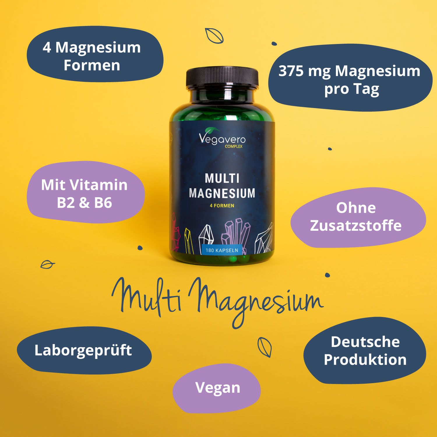 Kreisförmige Elemente mit Text um eine grüne Flasche. Aufschrift: Multi Magnesium, 4 Formen, 180 Kapseln.