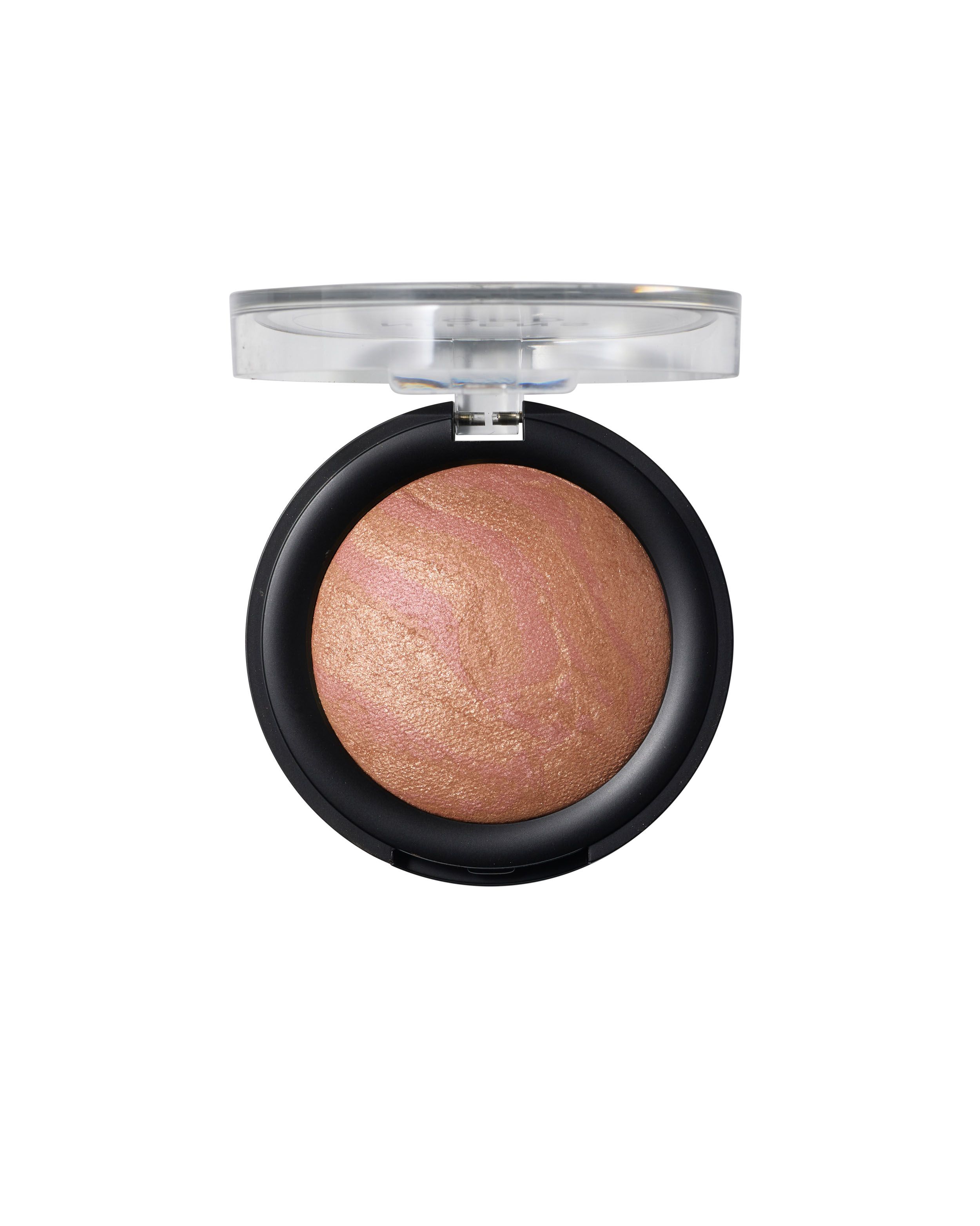 Ein runder, gebackener Rouge-Puder in einem schwarzen Gehäuse mit durchsichtigem Deckel. Der Puder hat einen schimmernden, marmorierten Roségold-Ton.