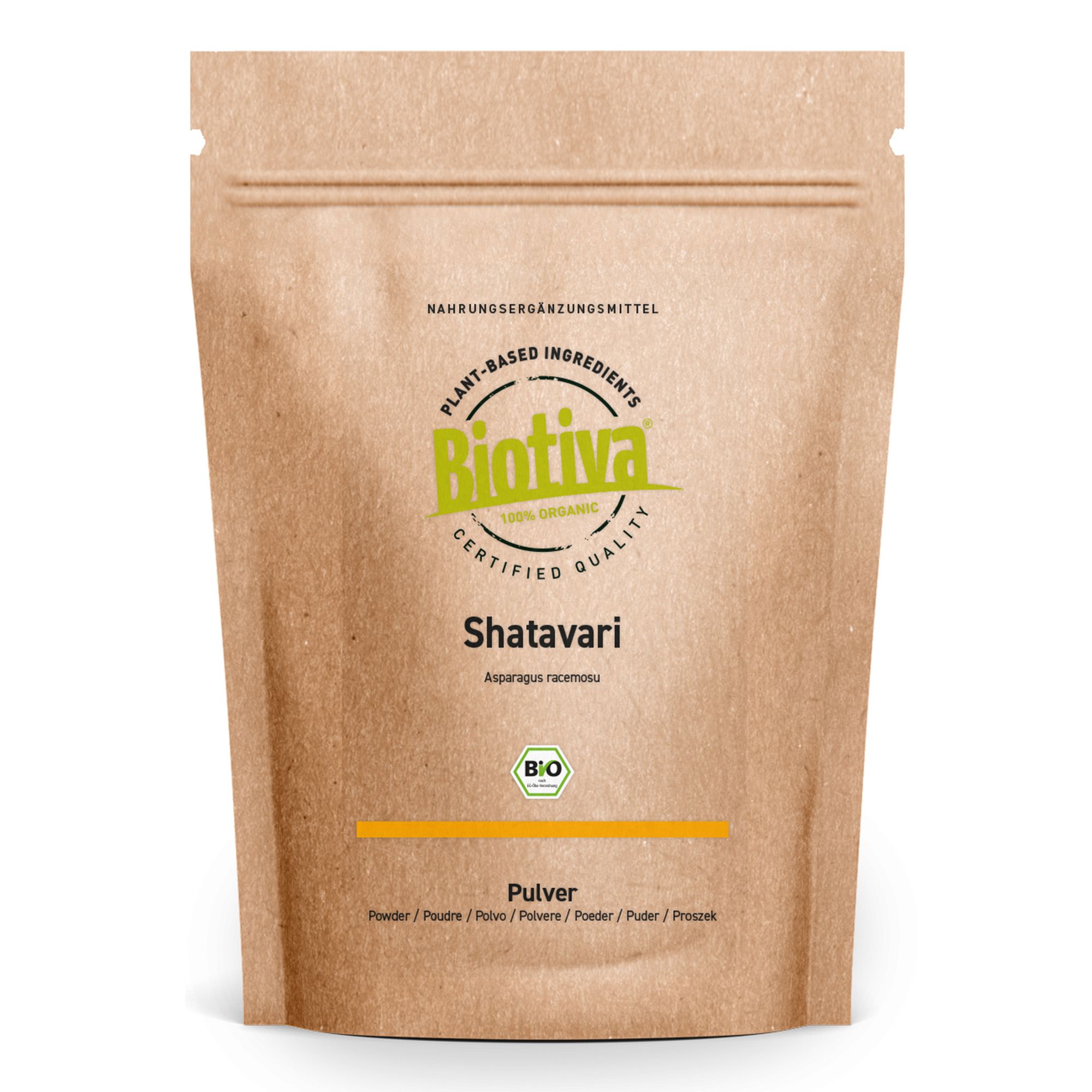 Beutel mit Shatavari Pulver. Braune Papierverpackung mit grünem Logo und Text. Bio-Siegel.