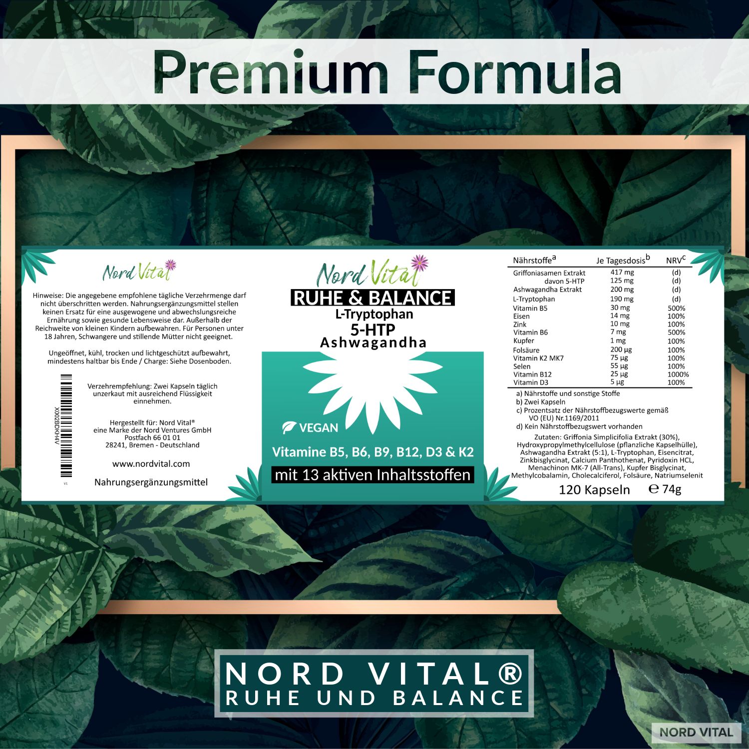 Nord Vital Ruhe & Balance – 13-in-1 Serotonin Komplex – 5-HTP 125 mg aus Griffonia, Ashwagandha, uvm