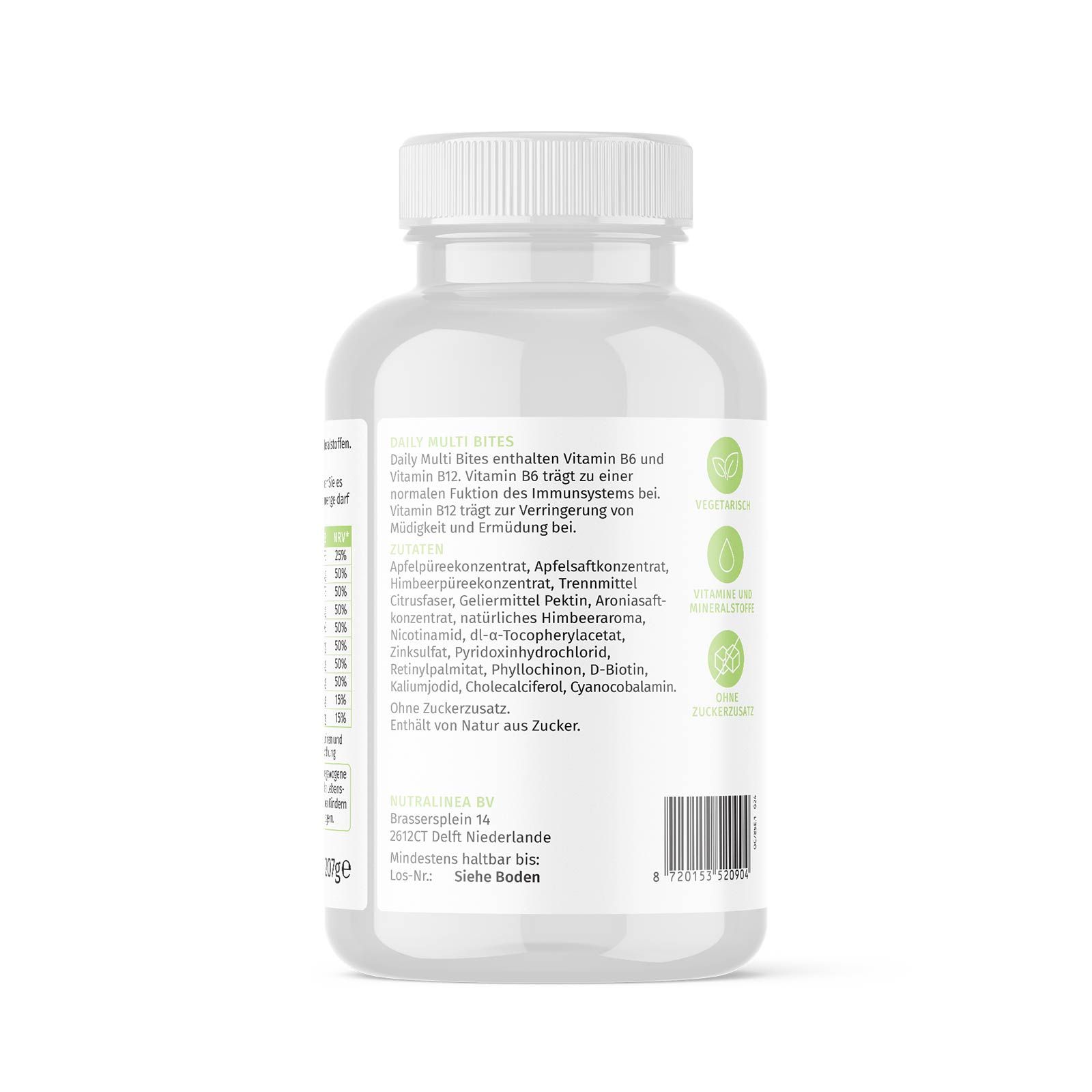 Rückseite einer weißen Plastikflasche. Aufschrift: Daily Multi Bites. Zutatenliste. 90 Gummibärchen, 207g.
