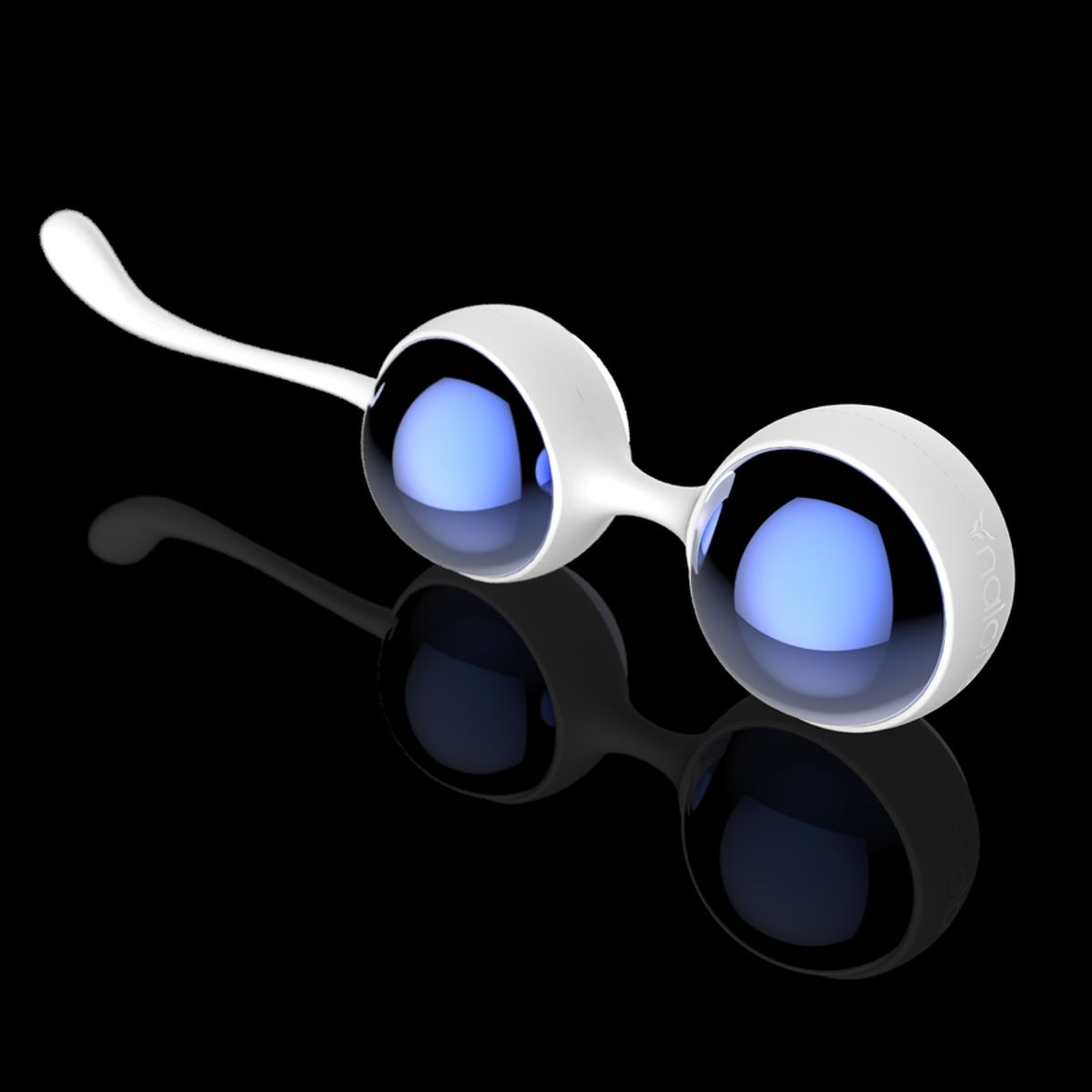 Zwei weiße Kugeln mit blauen Innenteilen, verbunden durch einen gebogenen Stiel. Auf schwarzem Hintergrund mit Spiegelung.