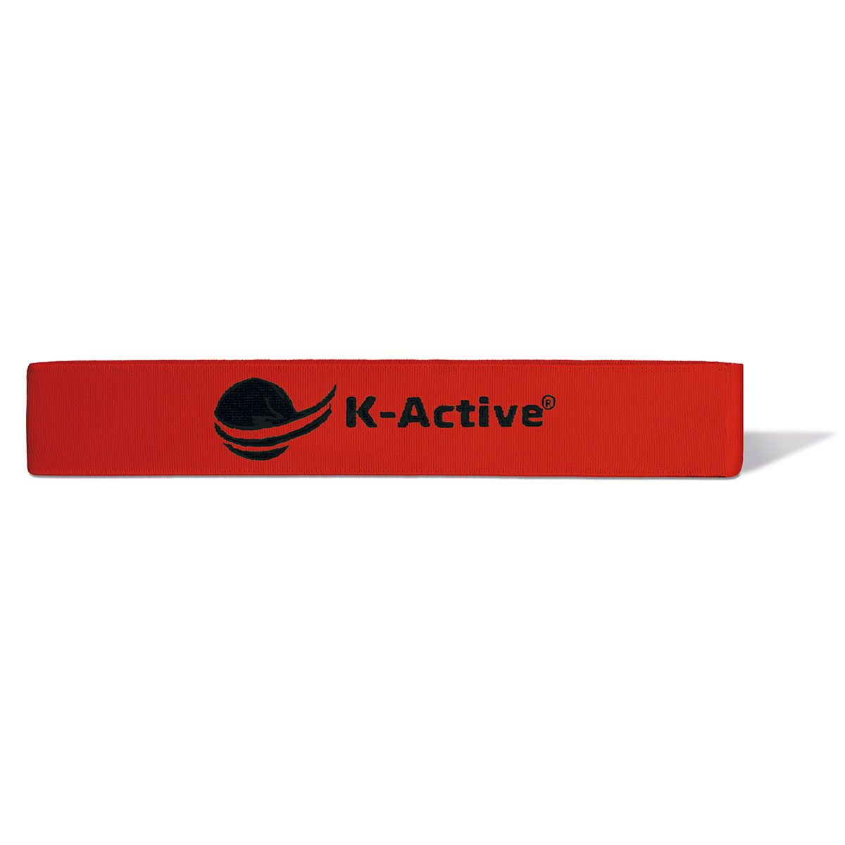 Rotes K-Active MiniBand. Schwarzes Logo und Schriftzug K-Active. Fitness-Zubehör.