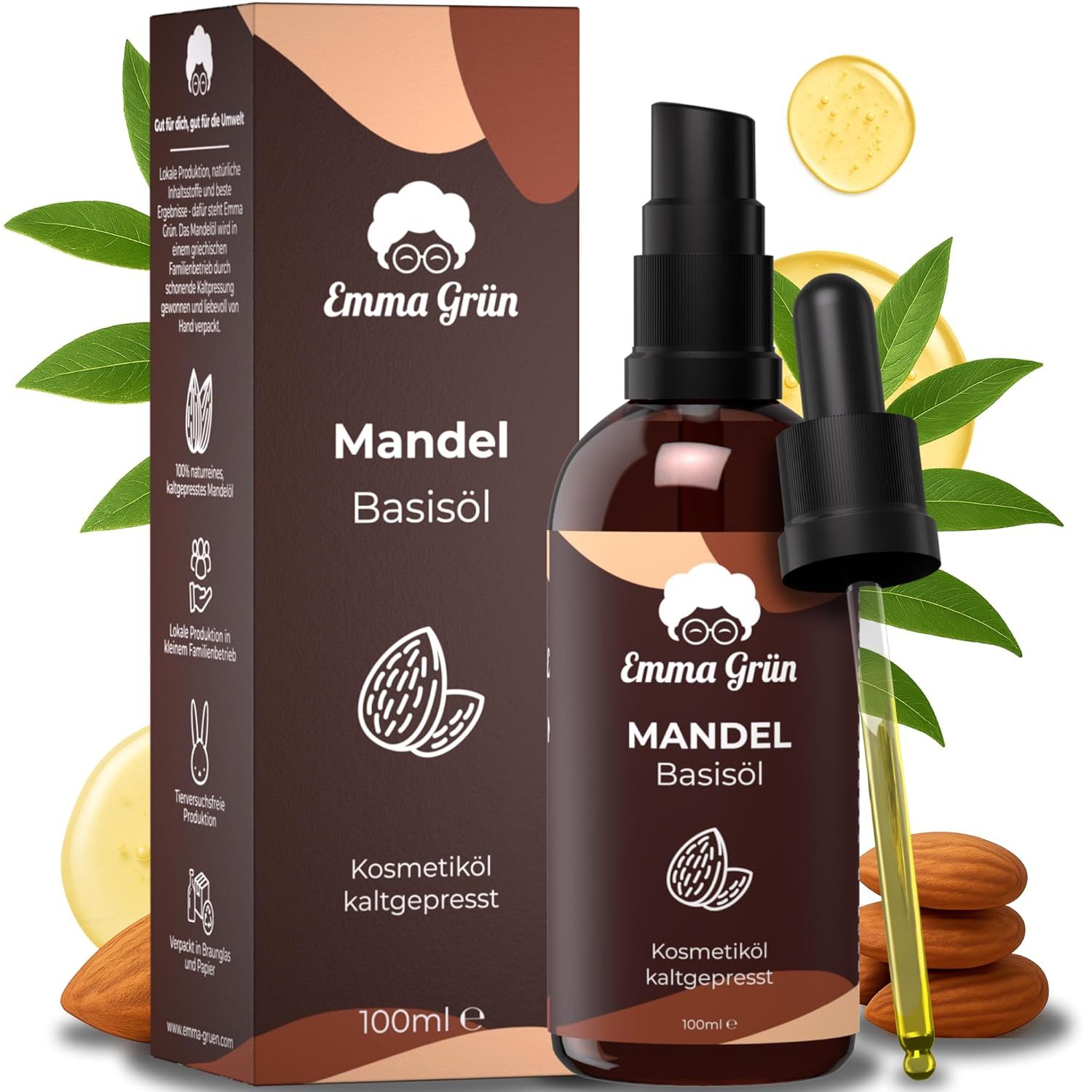 Braune Flasche und Verpackung mit Produktnamen und Mandel-Illustration. Pipette und Mandeln daneben.