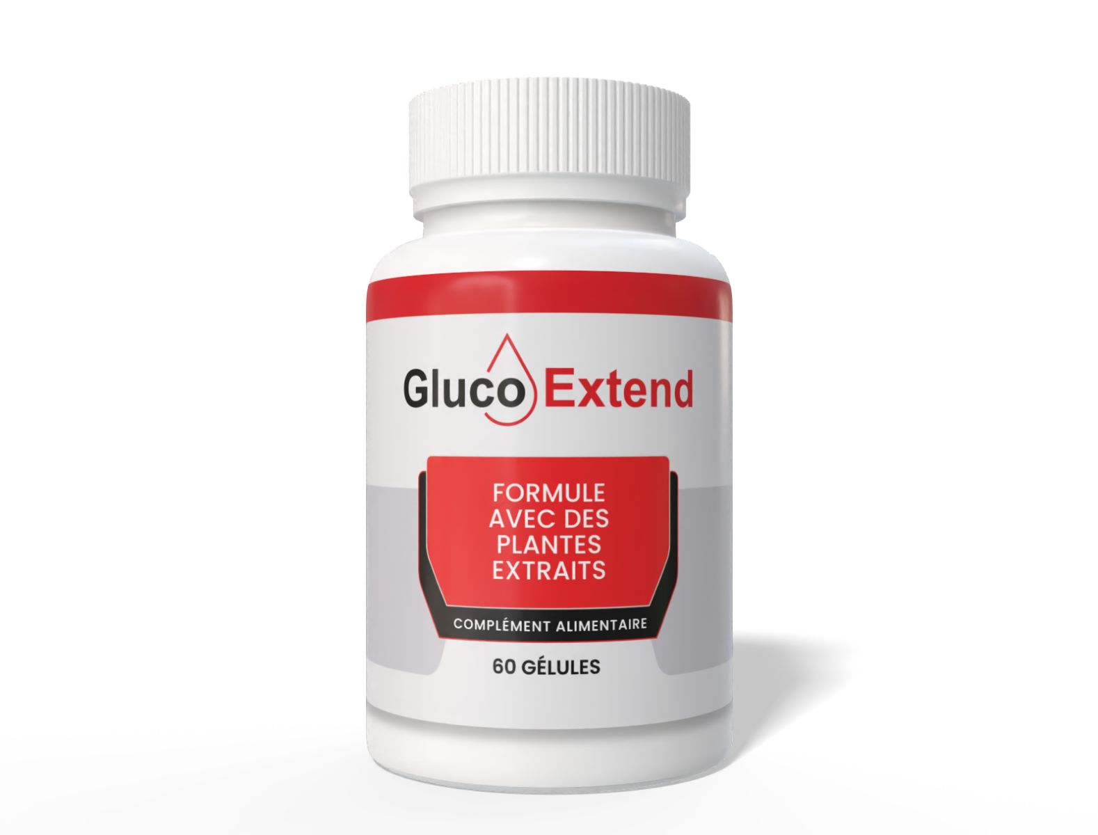 Weiße Flasche mit rotem Etikett. Aufschrift: Gluco Extend, Formel mit Pflanzenextrakten, 60 Gelatinekapseln.