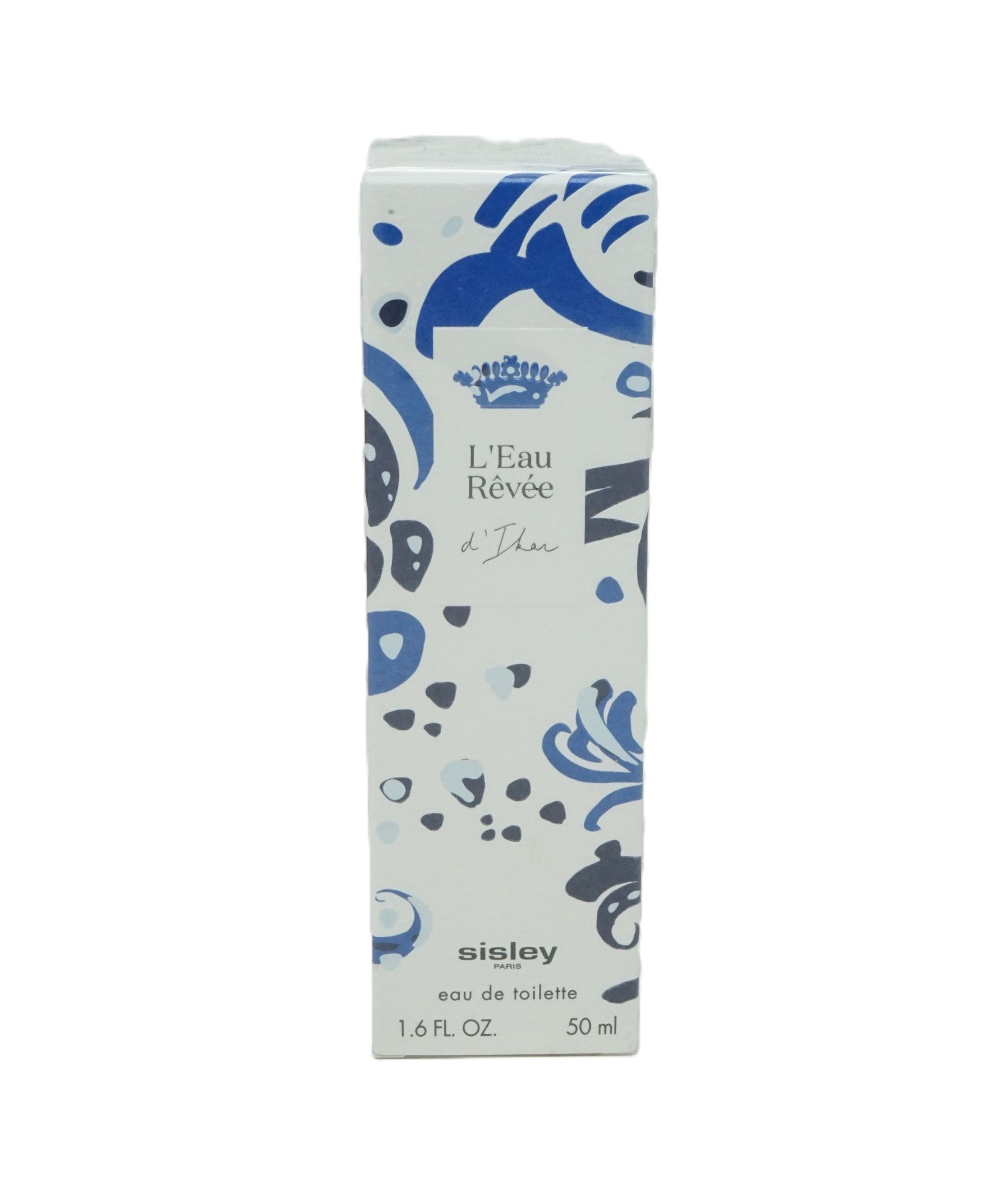 Sisley L'Eau Rêvée d'Ikar Eau de Toilette. Weiße Verpackung mit blauem Muster und Schriftzug. 50 ml.