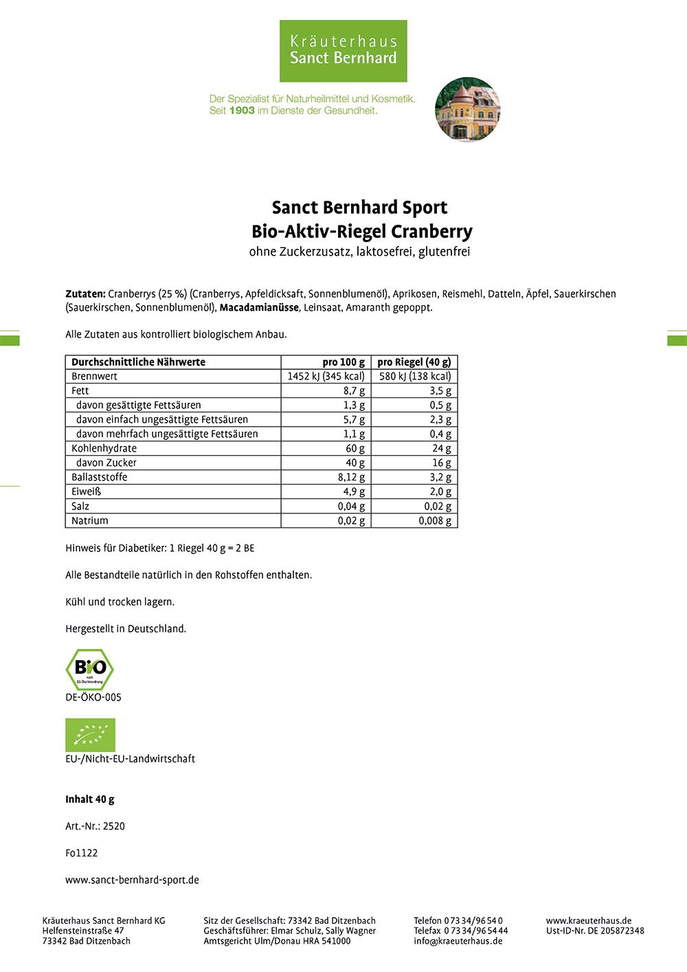 Sanct Bernhard Sport Bio-Aktiv-Riegel Cranberry