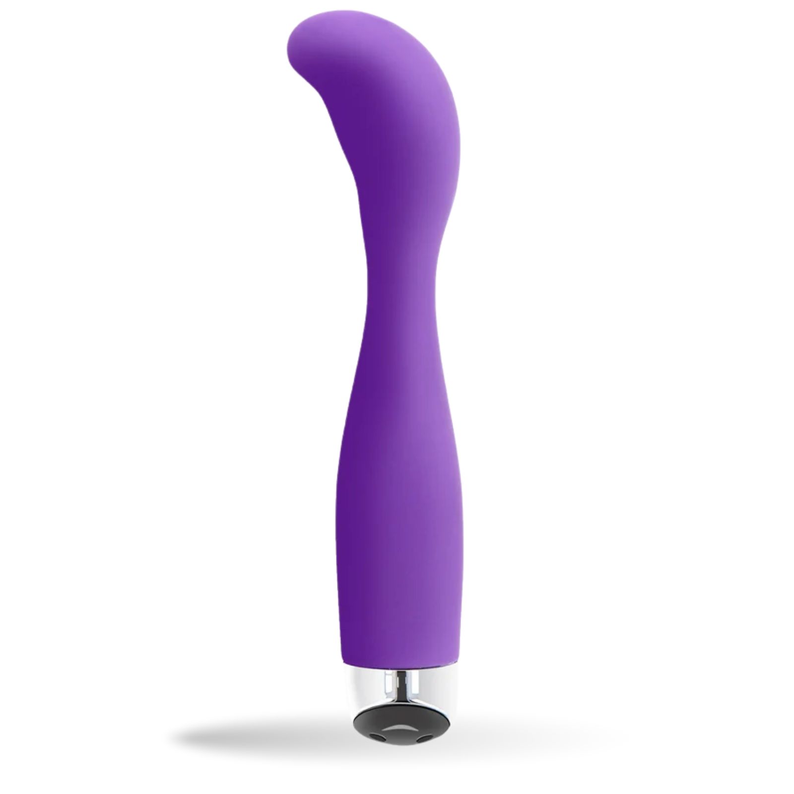 Lila Vibrator. Silikon, gebogen Form. Unterteil silberfarben. Auf weißem Podest.