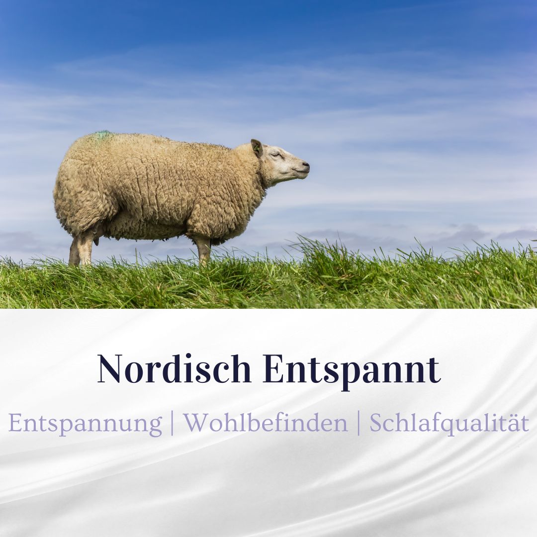 Schaf auf einer grünen Wiese unter blauem Himmel, Text 'Nordisch Entspannt'.