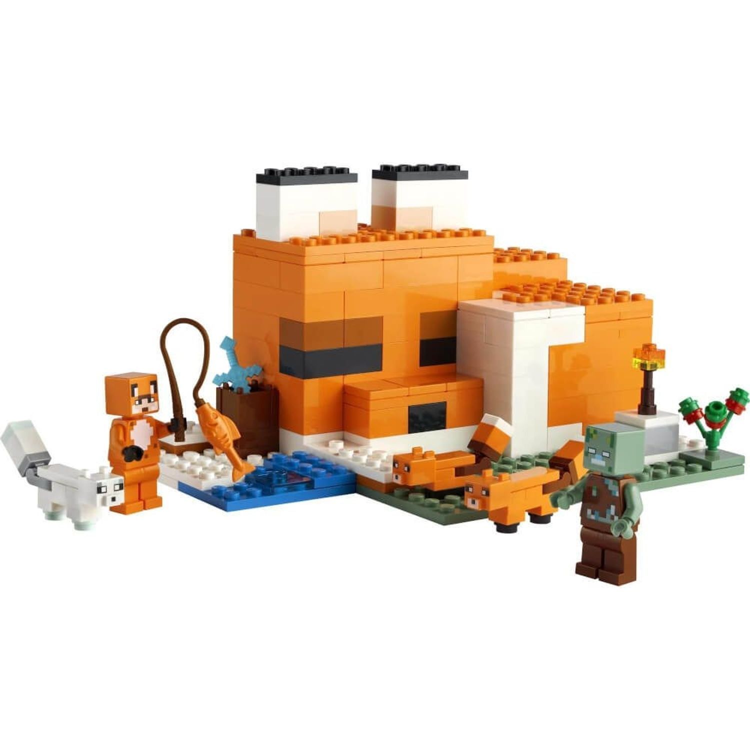 LEGO Minecraft 21178. Orangefarbenes Gebäude mit weißen Akzenten. Figuren: Fuchs, Zombie, Füchse, weißer Fuchs. Auf weißem Hintergrund.