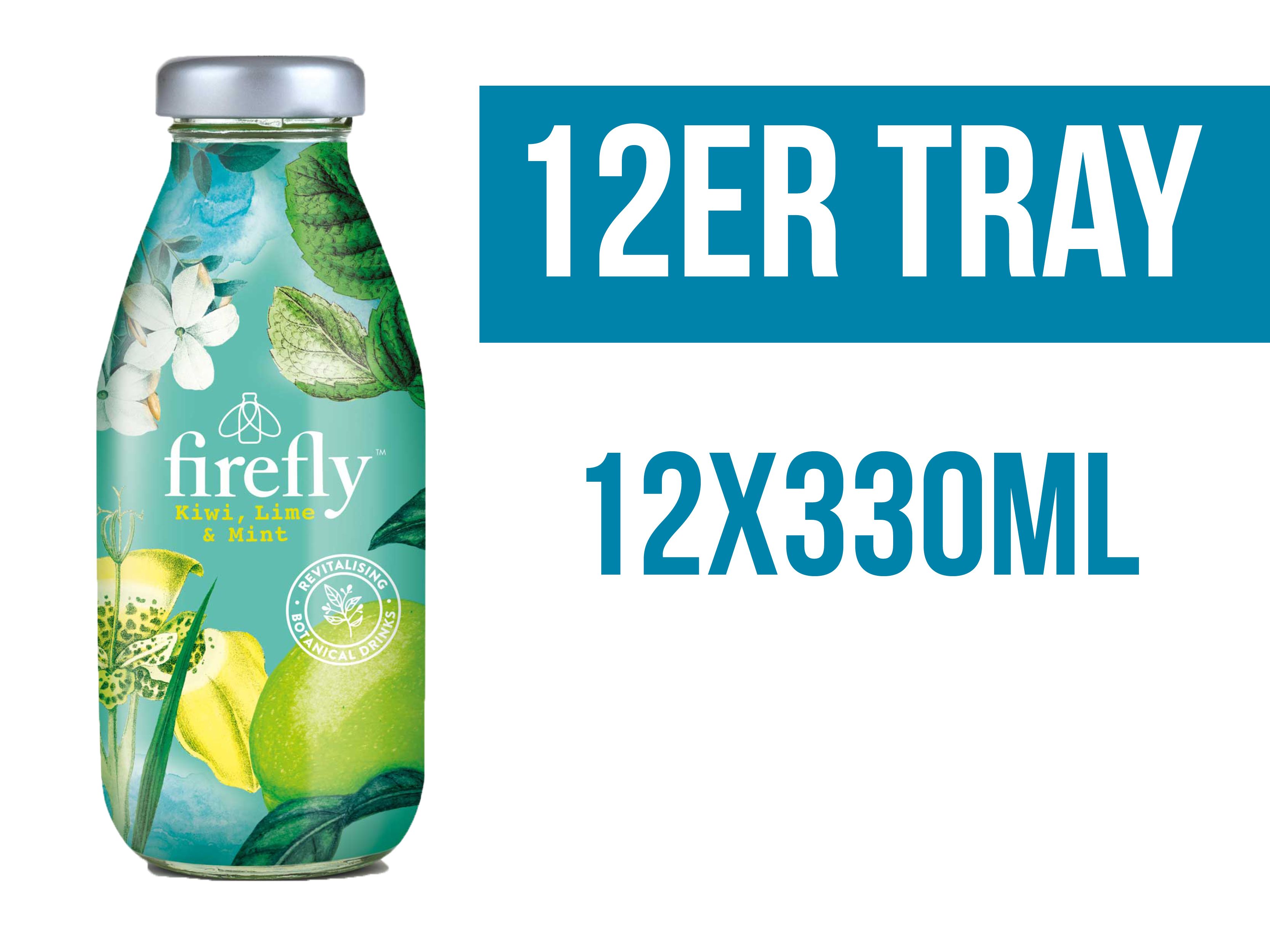 Firefly Still-Getränk in einer Flasche. 12er-Tray-Verpackung. Aufschrift: 12x330ml. Kiwi, Limette & Minze.