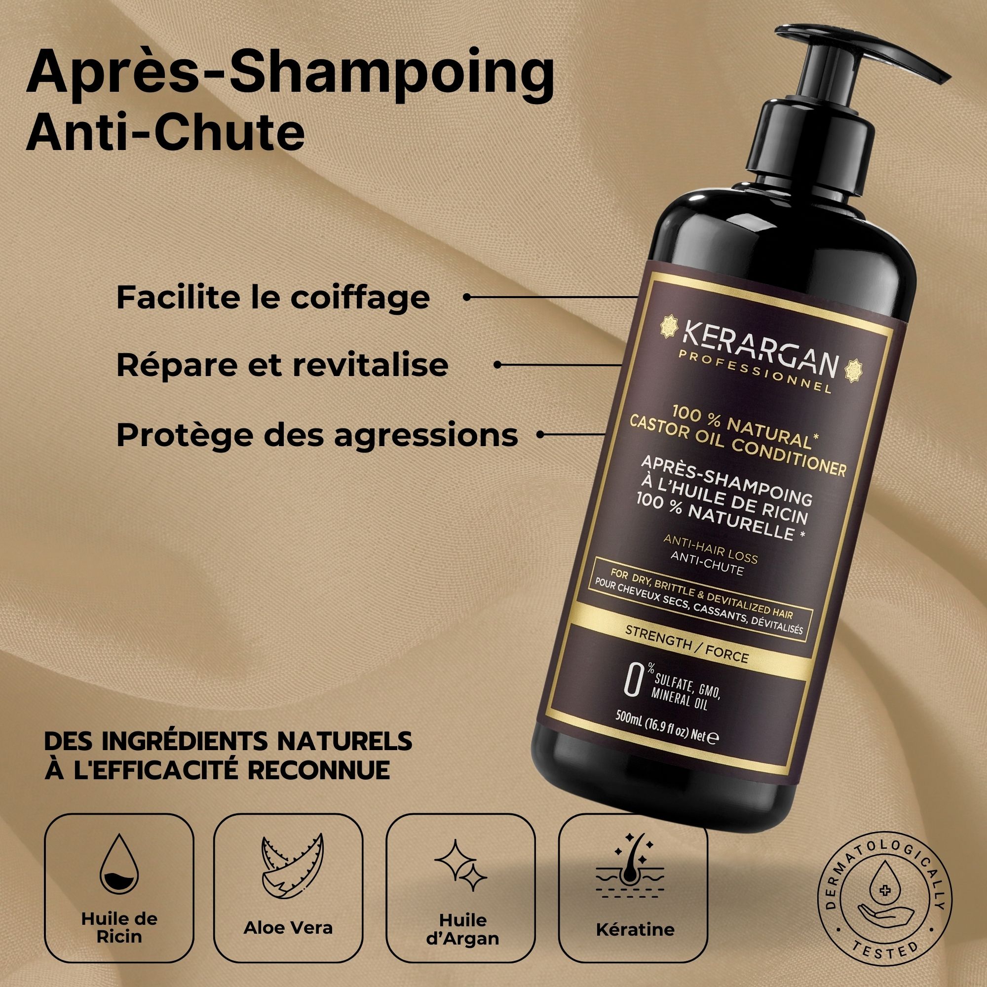 Après-shampooing Kerargan. Bouteille noire avec étiquette. Texte : 100% Natural Castor Oil Conditioner. Anti-chute. 500ml.