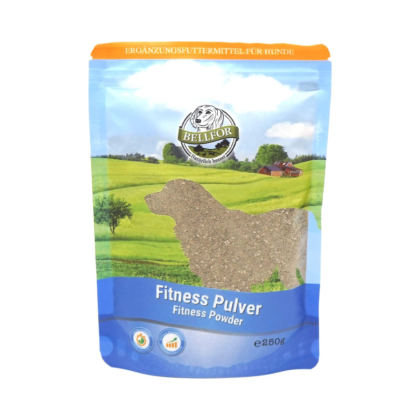 Beutel mit Fitness Pulver. Aufschrift: Fitness Pulver, Bellfor. Hintergrund: grüne Wiese mit Hundesilhouette. Inhalt: hellbraunes Pulver.