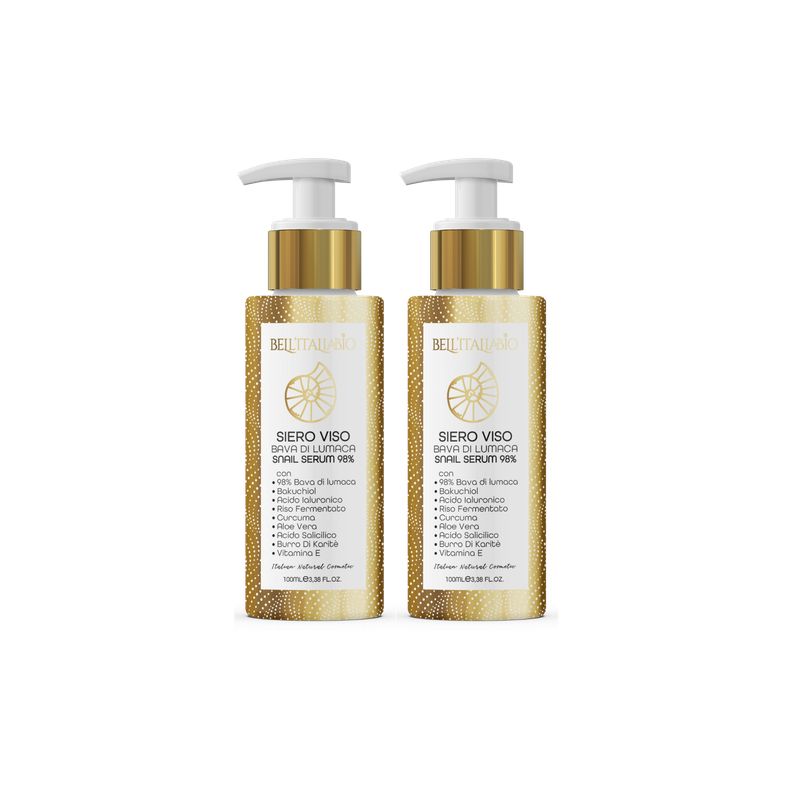 Zwei goldfarbene Flaschen mit Pumpaufsatz. Auf den Etiketten steht "Siero Viso" und "Bava di Lumaca 98%".