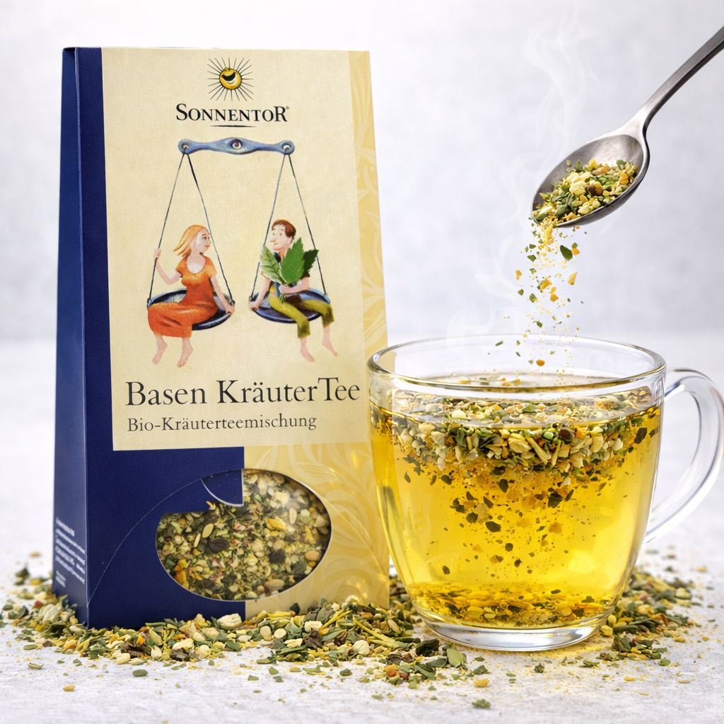 SonnentoeR Basen KräuterTee Bio-Kräutertee Packung, Tasse Tee, Löffel mit Kräutern.