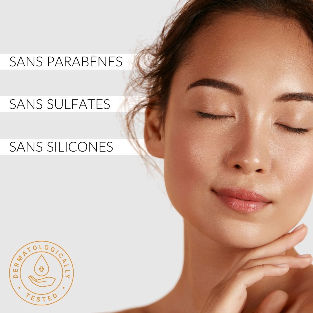 Femme aux yeux fermés. Texte : Sans parabènes, sulfates, silicones. Testé dermatologiquement.