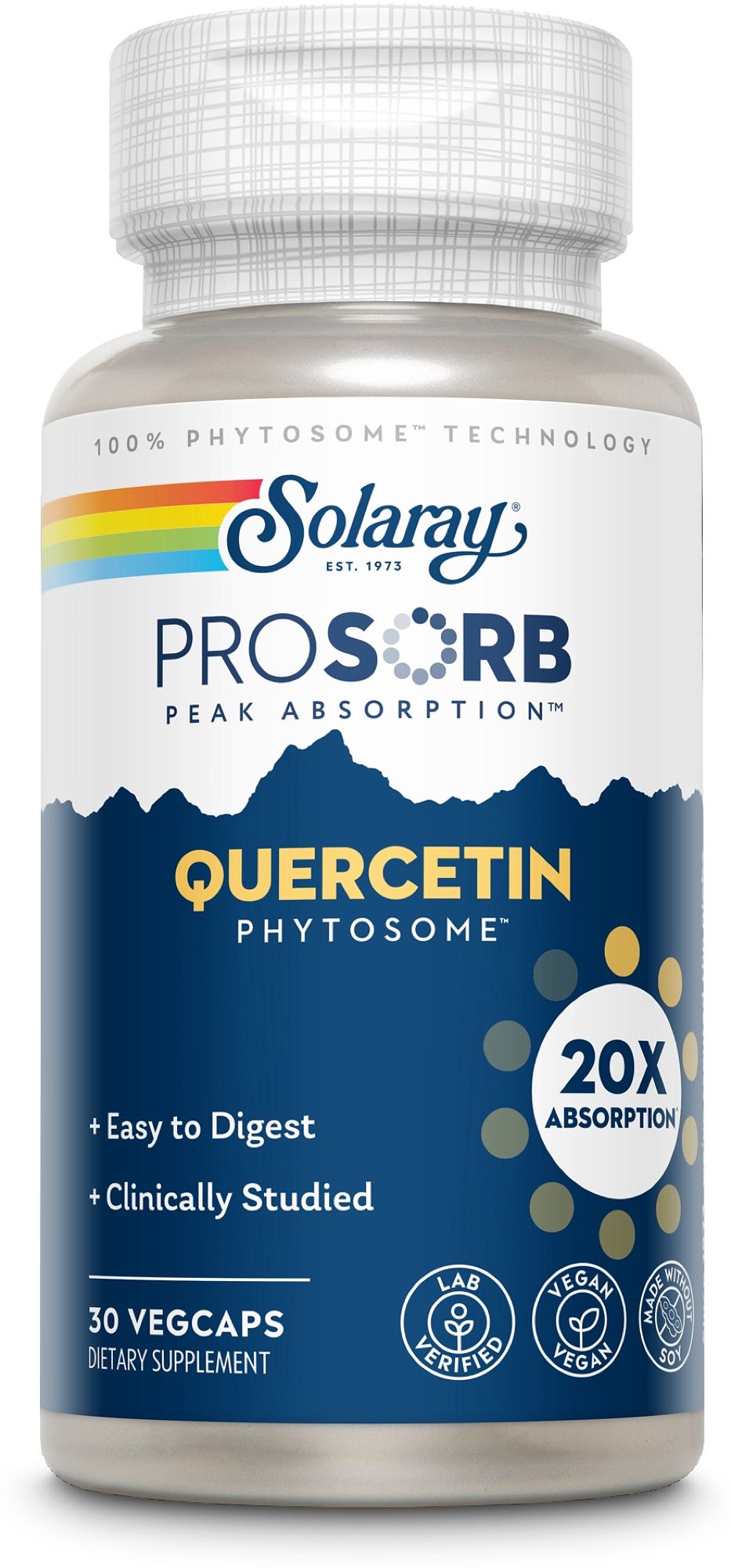 Solaray Quercetin ProSorb Flasche mit 30 Vegicaps. 100% Phytosome Technologie für Spitzenabsorption.