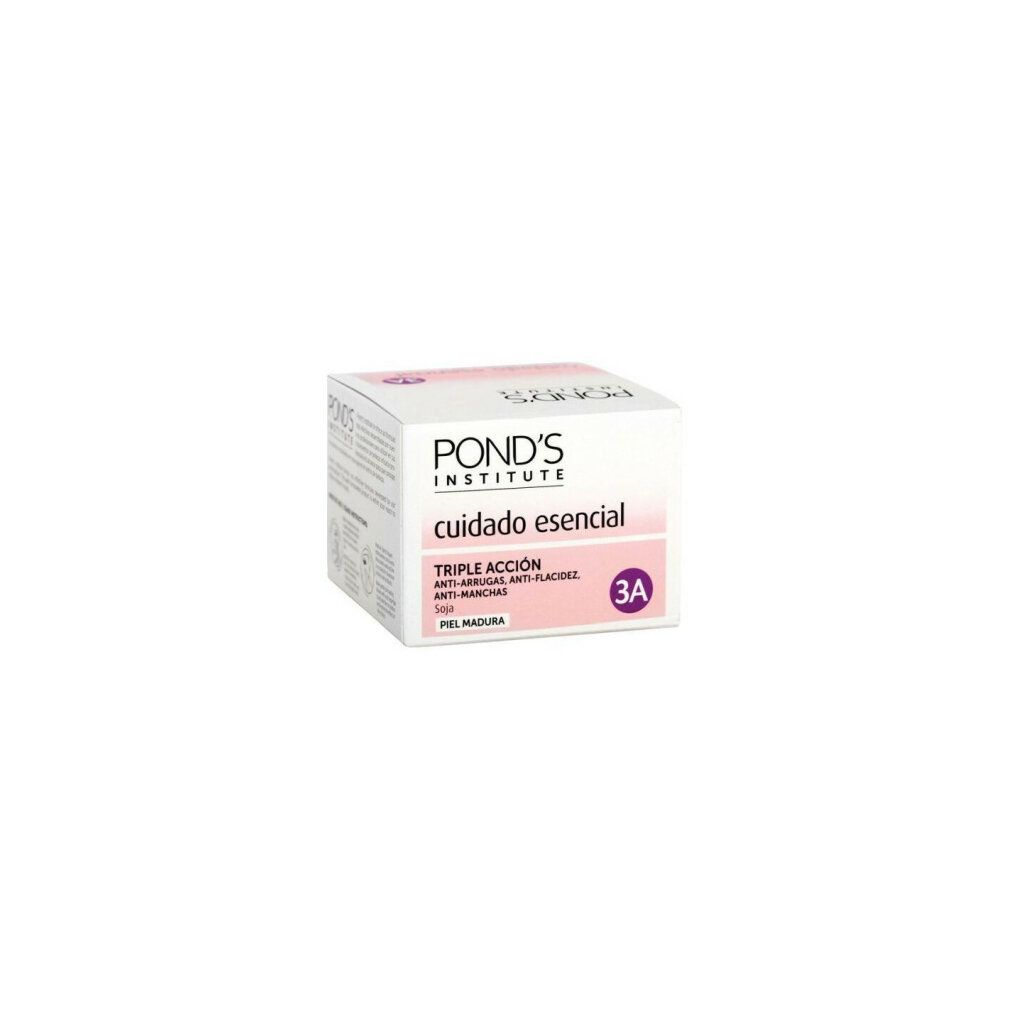 Pond's Institute Verpackung. Aufschrift: cuidado esencial, triple acción, piel madura. Lila Akzent. Schräge Ansicht.