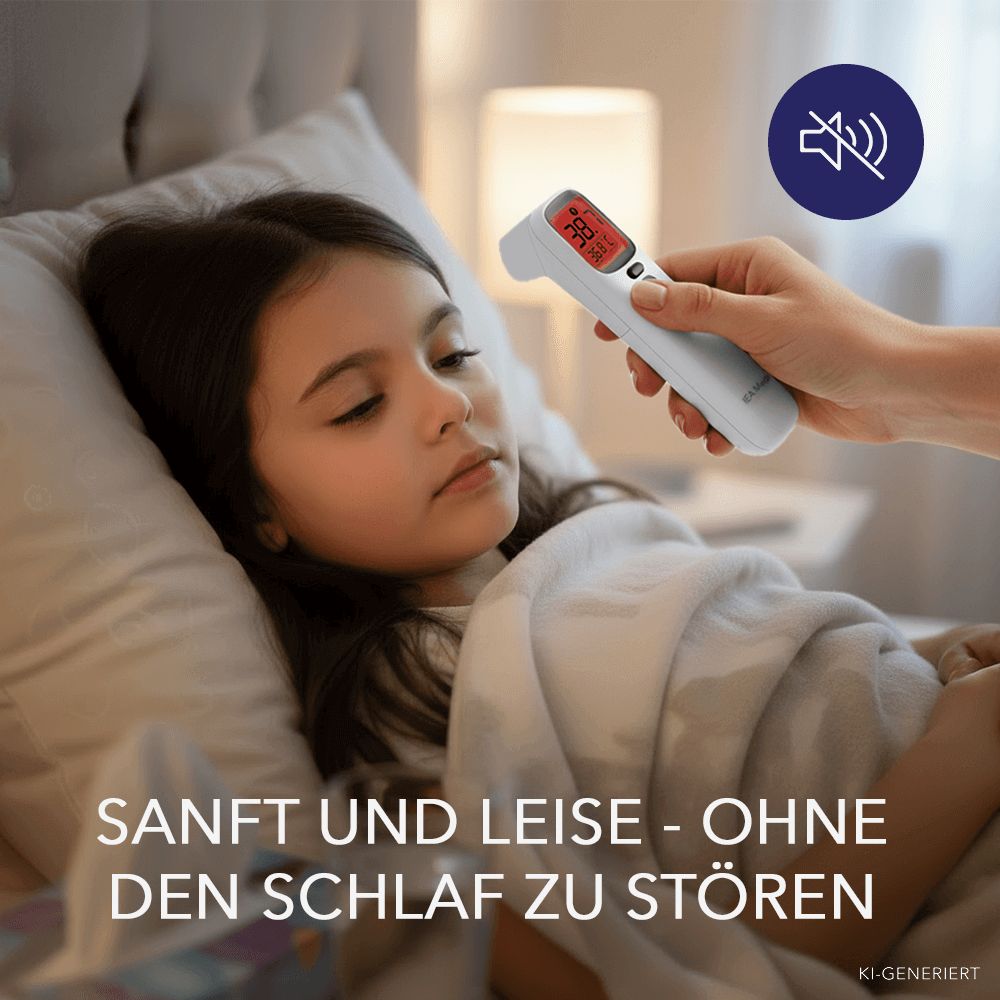 Eine Hand hält ein Fieberthermometer mit rotem Display neben dem schlafenden Kopf eines Kindes.