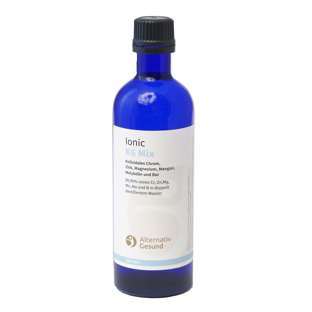 Blaue Glasflasche mit schwarzem Deckel. Etikett mit Produktinformationen und Logo von Alternativ Gesund.