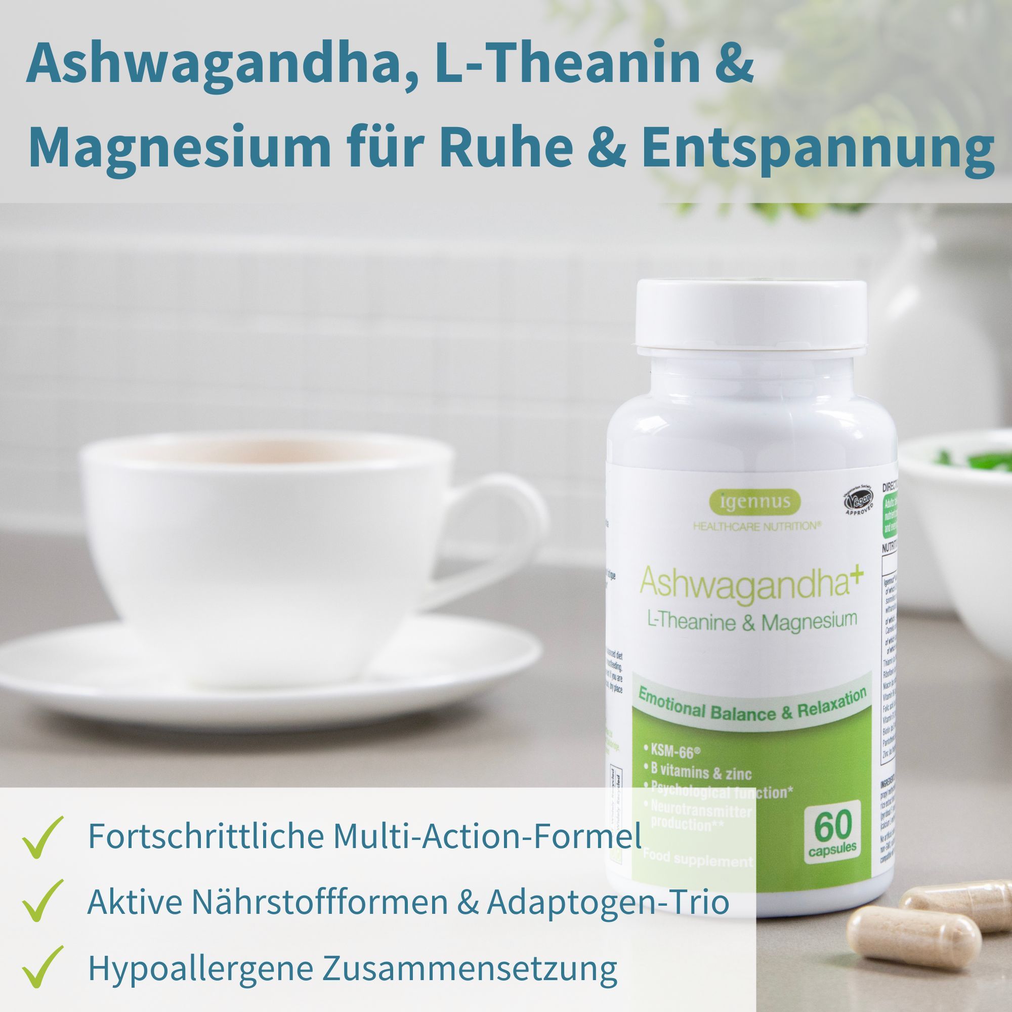 Flasche Igennus Ashwagandha KSM-66 mit L-Theanin & Magnesium, 60 Kapseln.