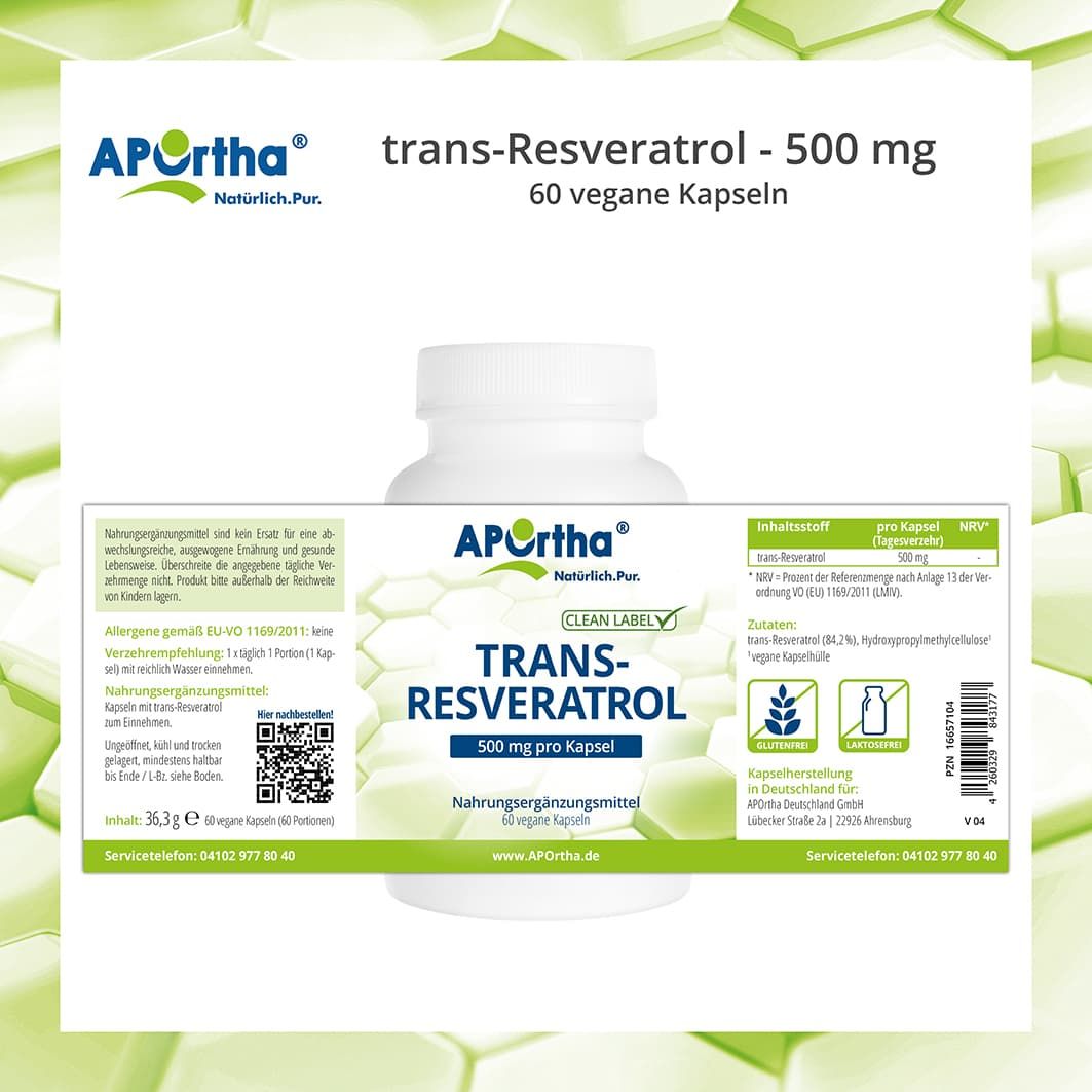 Weiße Flasche APOrtha® trans-Resveratrol Kapseln. Aufschrift: 500 mg pro Kapsel, 60 vegane Kapseln. Zusätzliche Informationen und QR-Code.