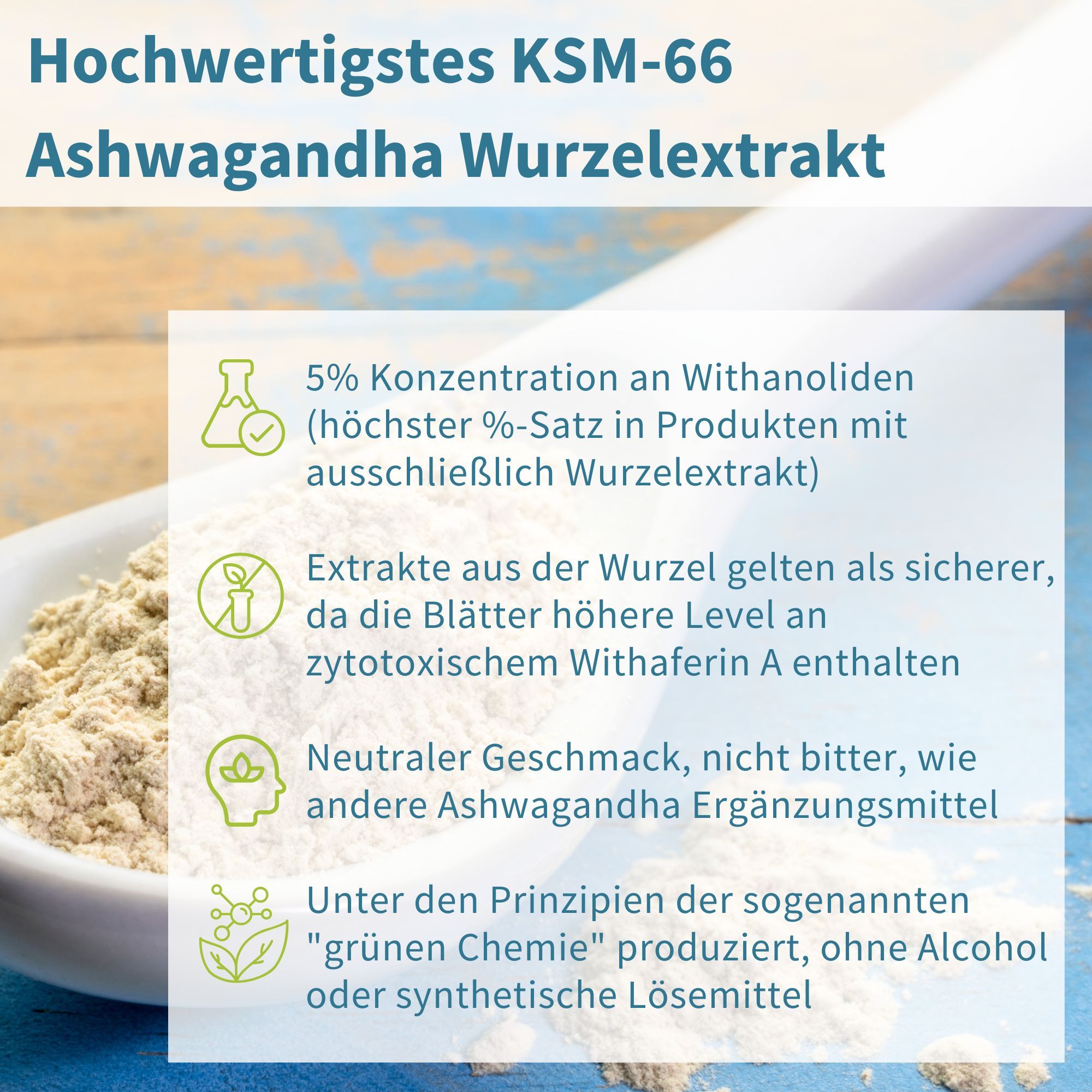 Pulver aus Ashwagandha Wurzel-Extrakt KSM-66, 5% Withanolide, neutraler Geschmack.