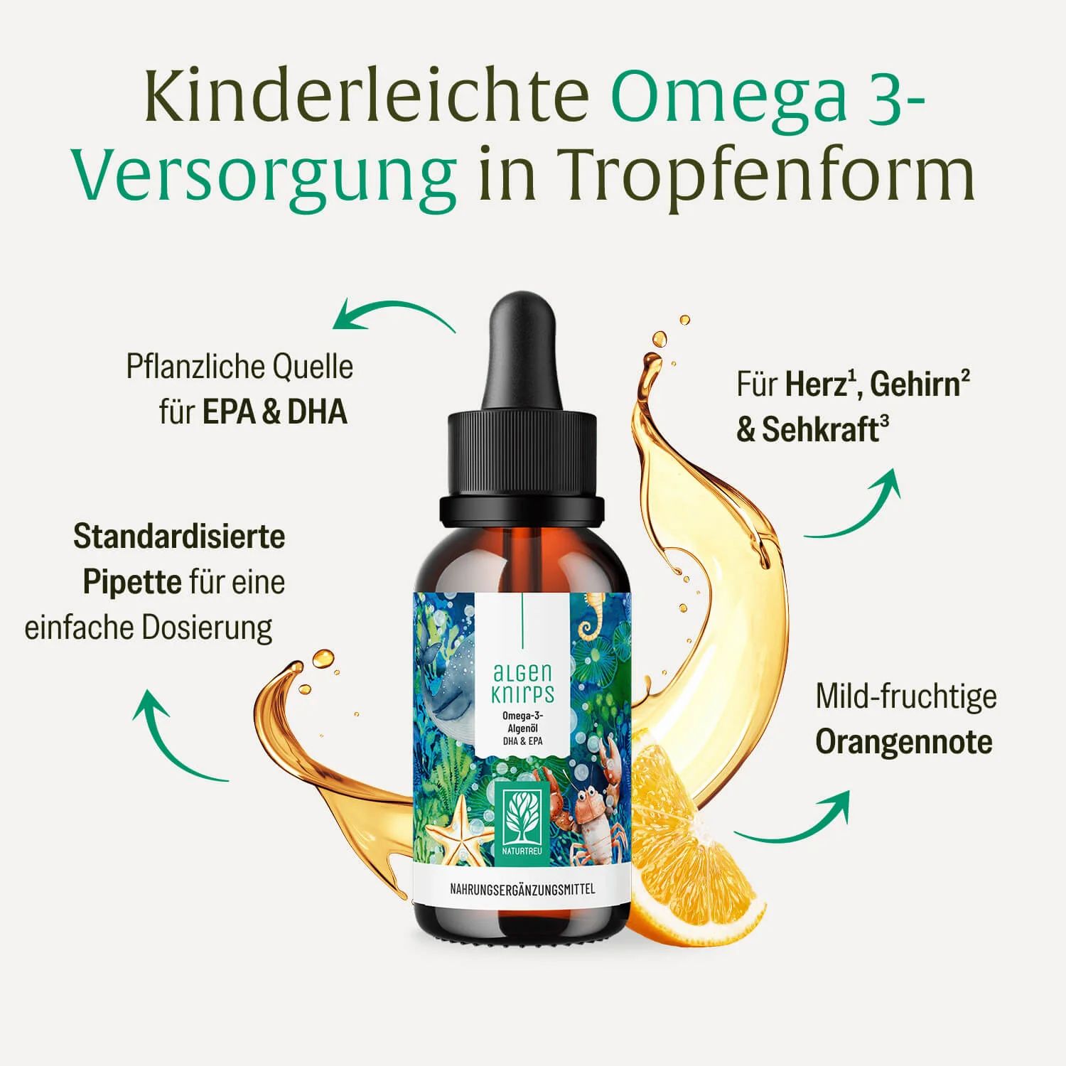 Flasche mit Omega-3-Tropfen, Pipette, Orange und Erklärungen.