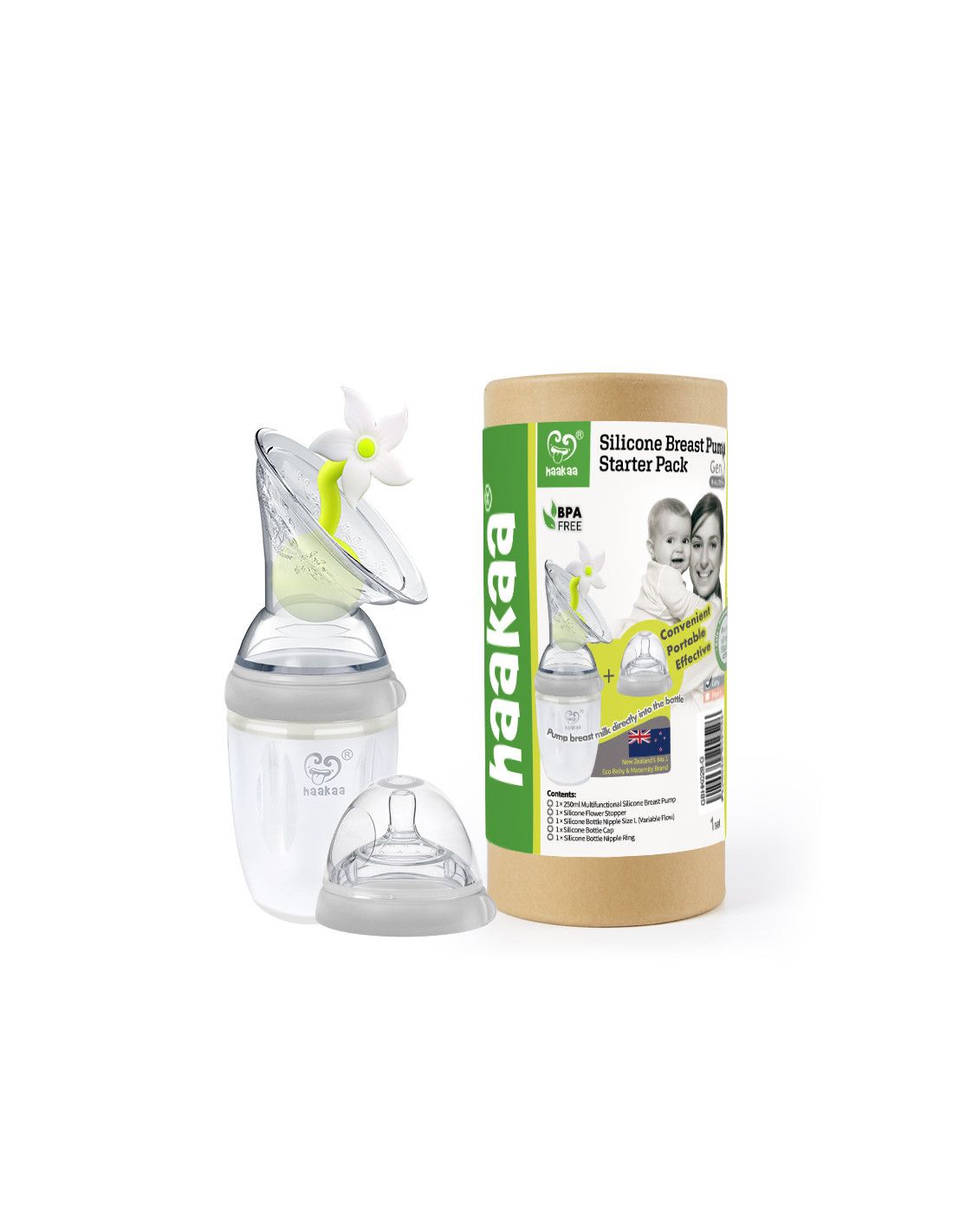 Set mit Flasche, Sauger, Brusttrichter und Blütenstopfen. Verpackung: zylindrische Pappröhre mit Text.