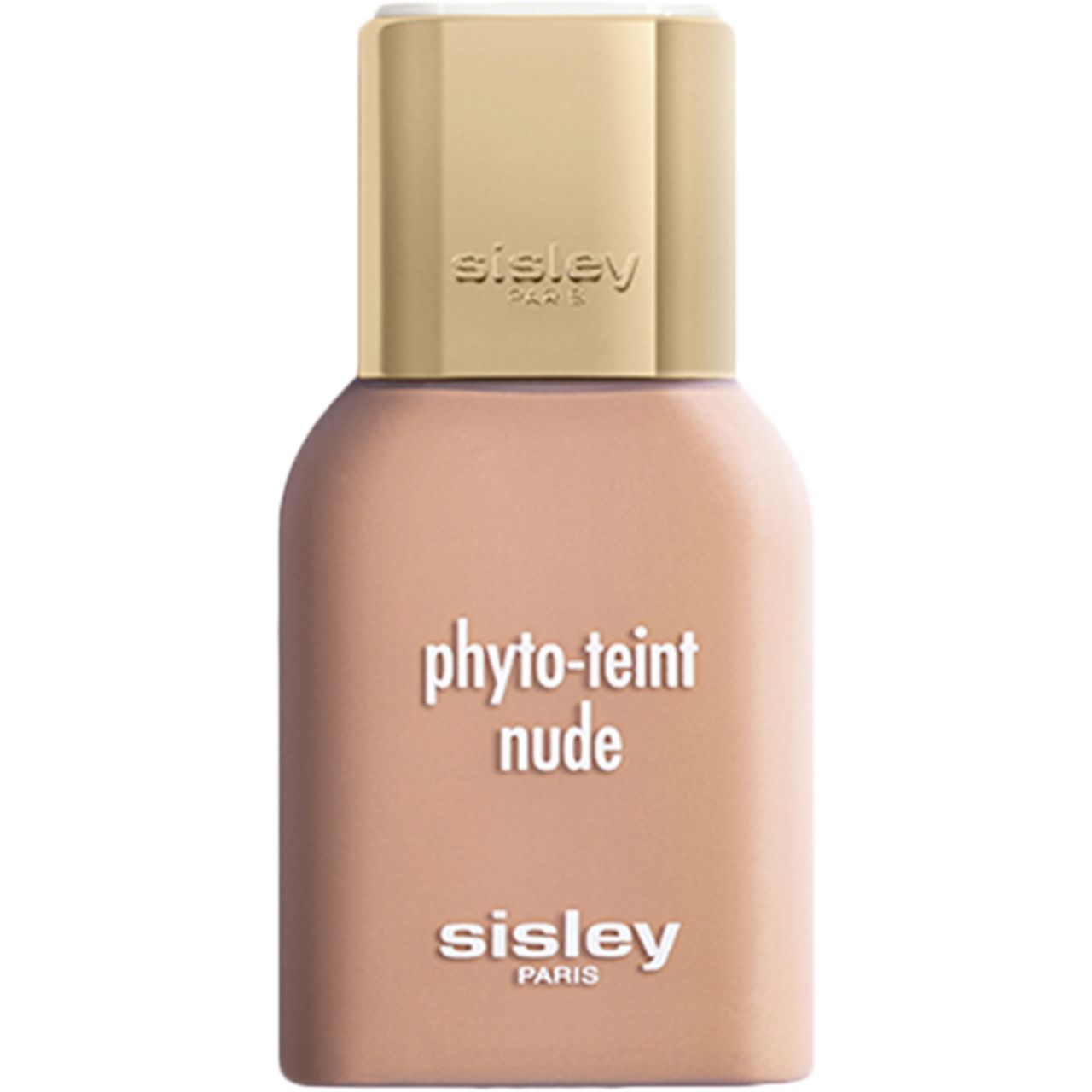 Sisley Phyto-Teint Nude. Beigefarbene Flasche mit goldfarbenem Deckel. Schriftzug: Phyto-Teint Nude und Sisley Paris.