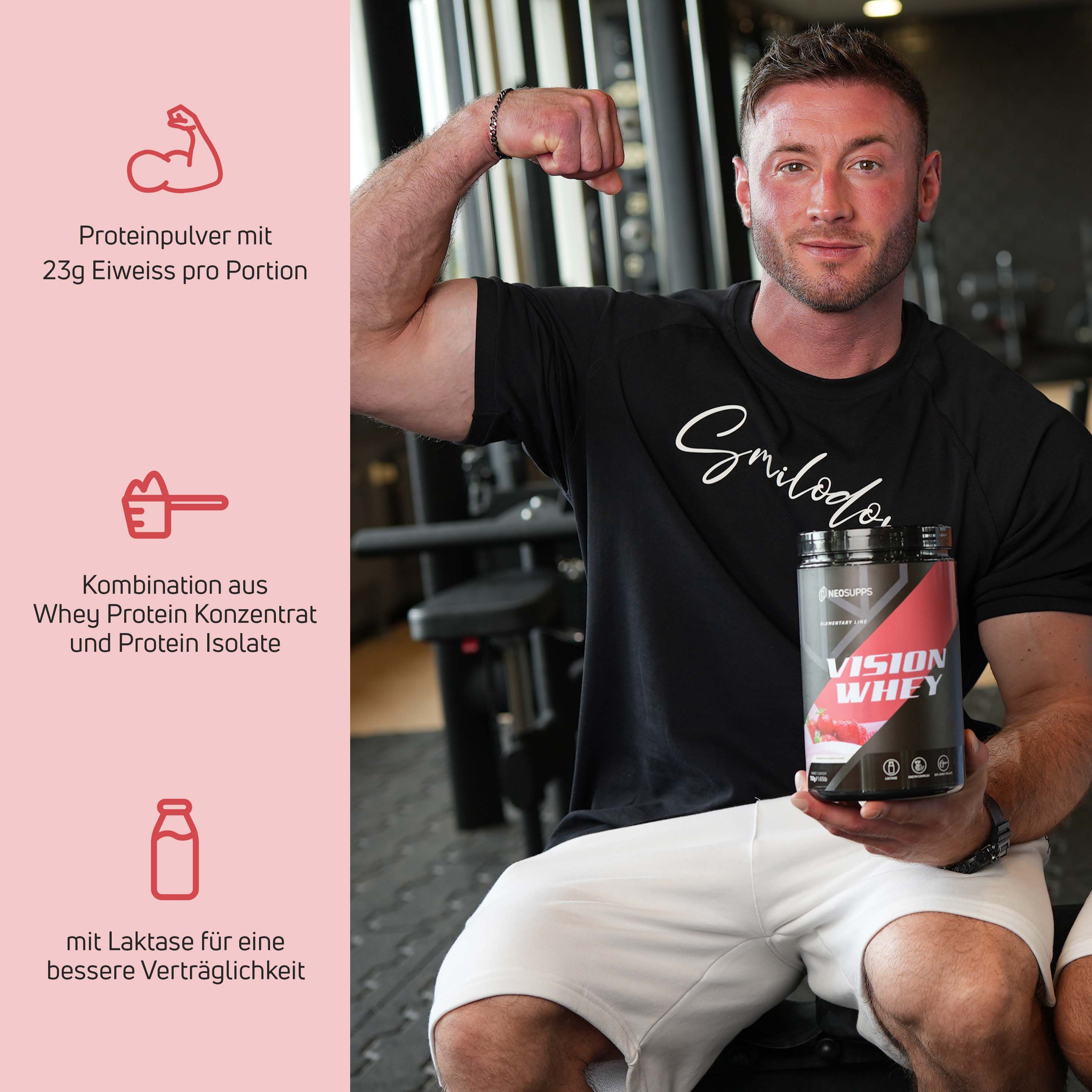 Mann hält Dose mit Aufschrift Vision Whey. Text: Protein mit 23g Eiweiß pro Portion. Kombination aus Whey Protein Konzentrat und Protein Isolat.