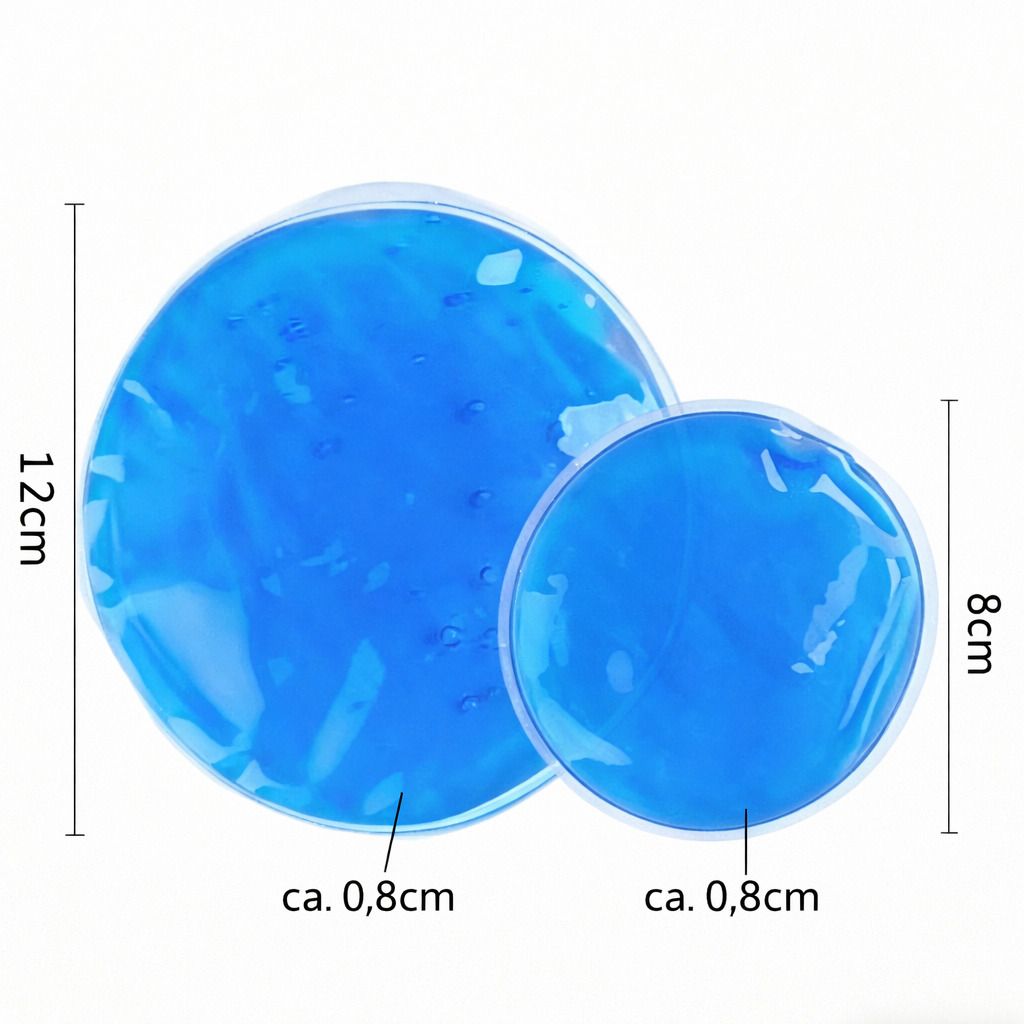 Zwei blaue Gel-Kompressen. Eine misst 12 cm, die andere 8 cm im Durchmesser. Beide sind rund und ca. 0,8 cm dick.