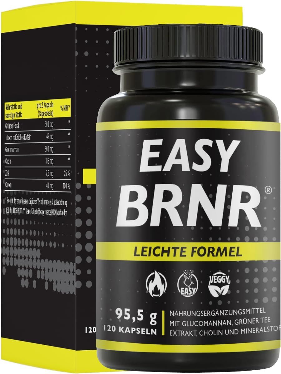 Schwarze Flasche mit gelbem Etikett. Aufschrift: EASY BRNR, Leichte Formel. Enthält 120 Kapseln. Text: Nahrungsergänzungsmittel.