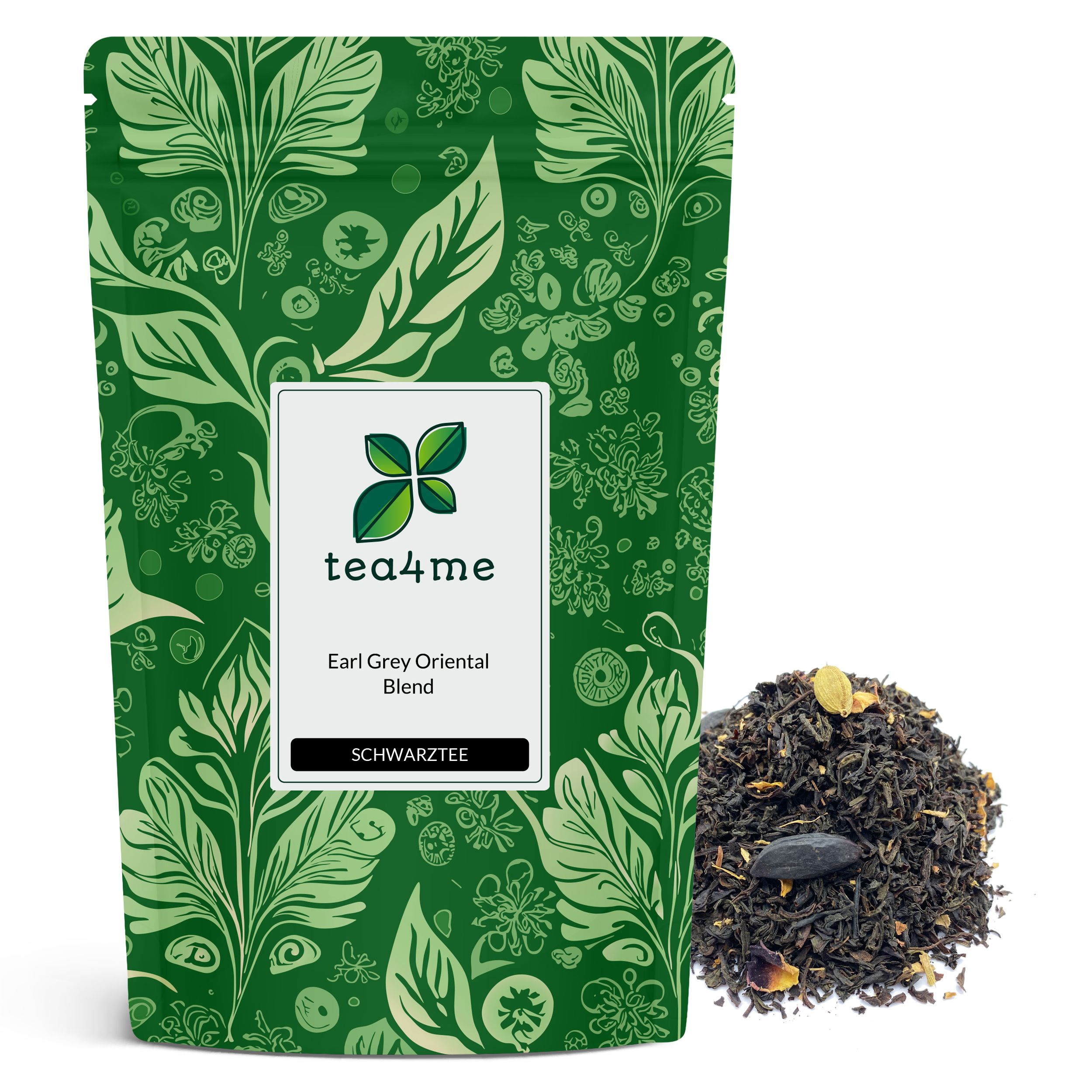 Grüner Beutel mit floralem Muster und Logo. Enthält losen Tee. Aufschrift: tea4me Earl Grey Oriental Blend Schwarztee.
