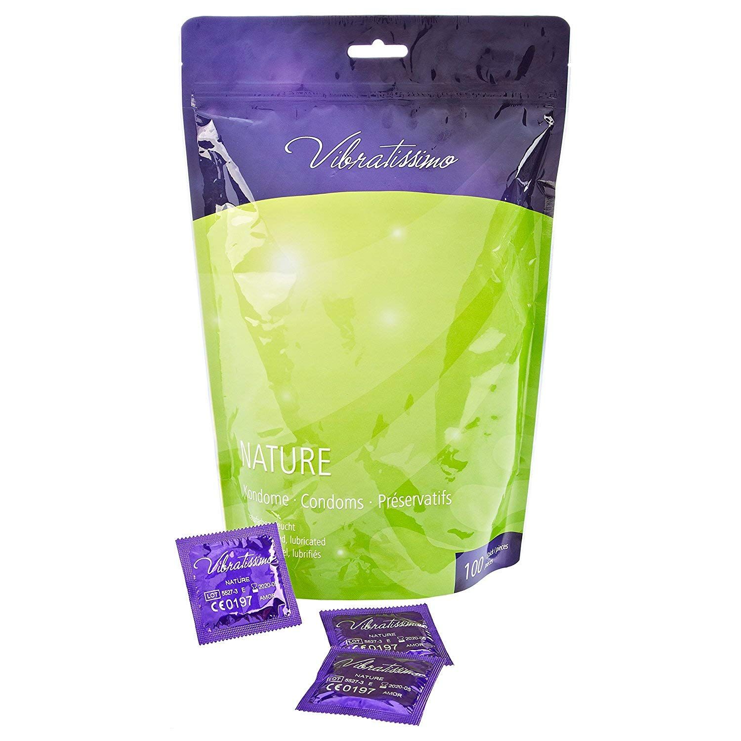 Vibratissimo Nature Kondom-Packung mit 100 Stück. Einzelne Kondome sichtbar.