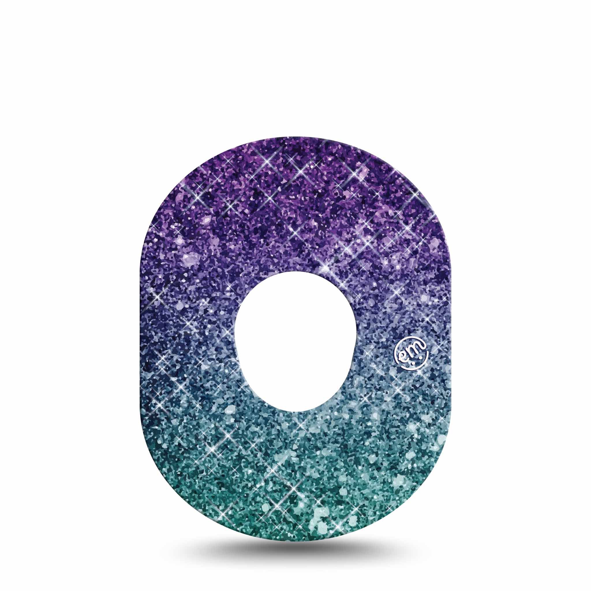 Ovales Pflaster mit Farbverlauf von Blaugrün zu Lila, Glitzereffekt, zentrales Loch, Logo.