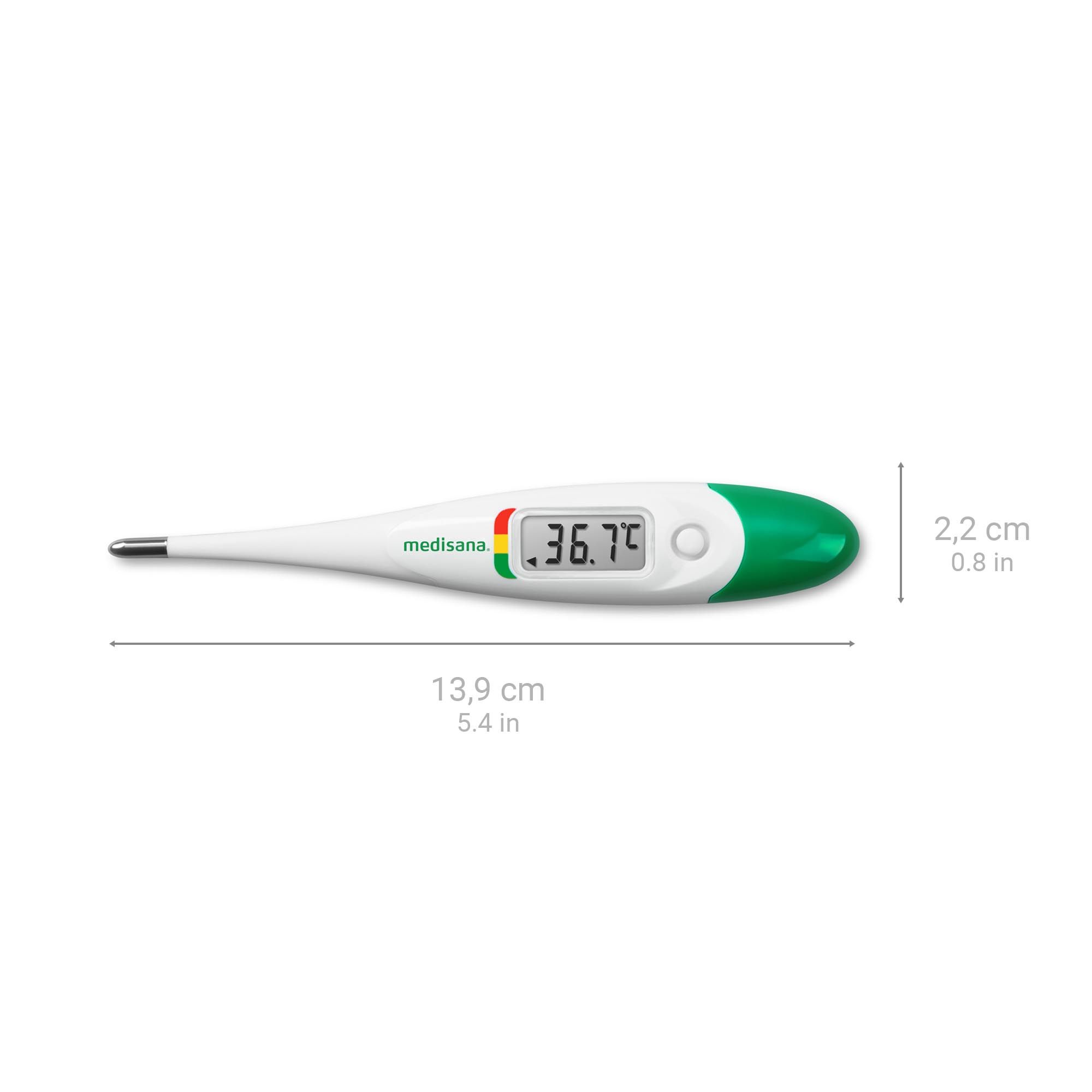 Digitales Fieberthermometer mit grüner Spitze. Länge: 13,9 cm, Breite: 2,2 cm. Marke: medisana.