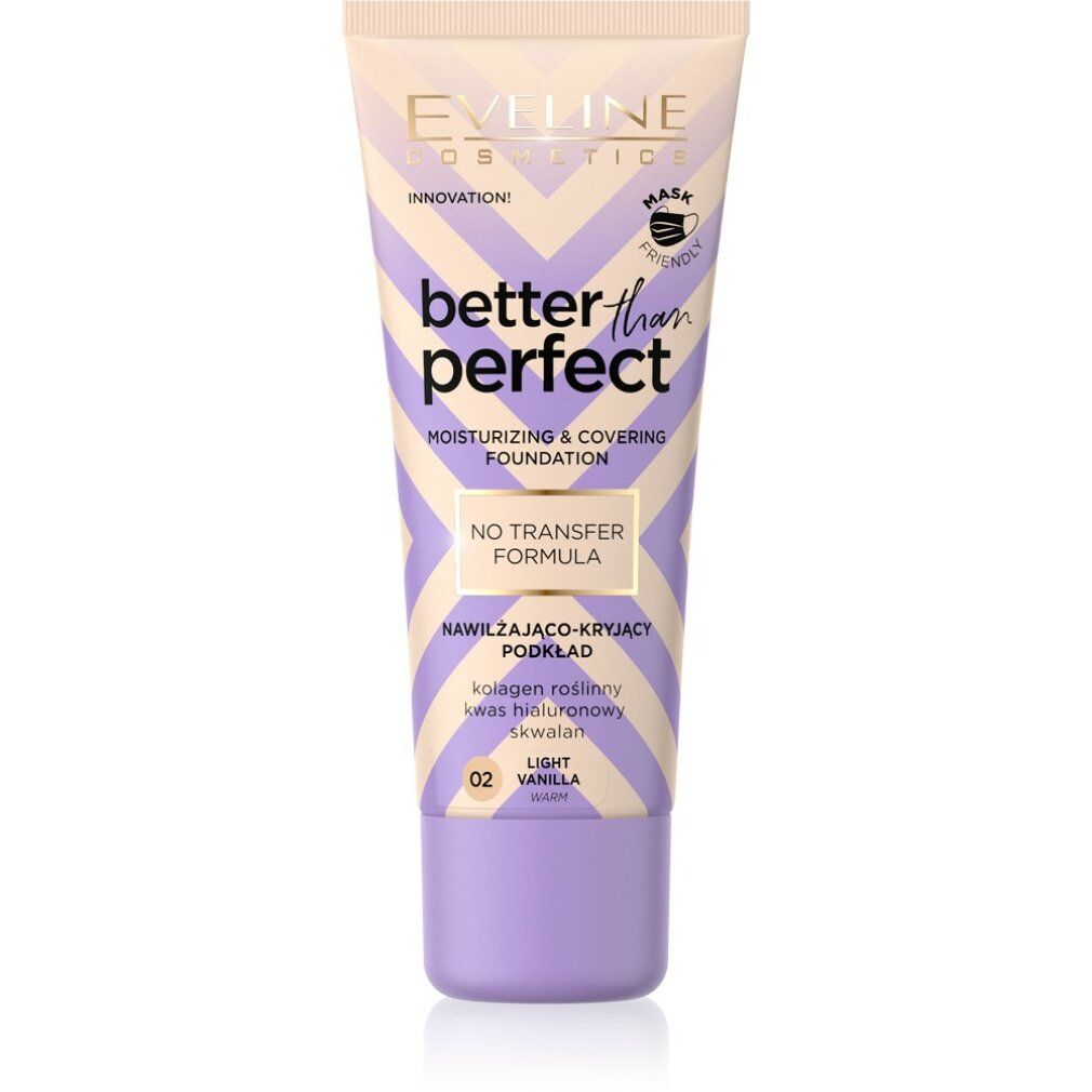 Tube Foundation mit Schriftzug. Farbgebung: Beige, Lila. Aufschrift: Better Than Perfect, Moisturizing & Covering Foundation.