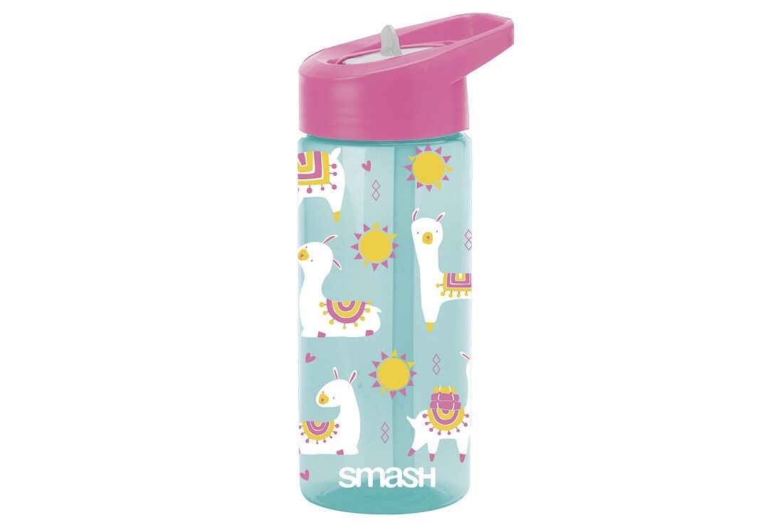 Trinkflasche mit Lama-Motiv. Türkis, mit rosa Deckel. Aufdruck: Lamas, Sonne. Marke: SMASH.