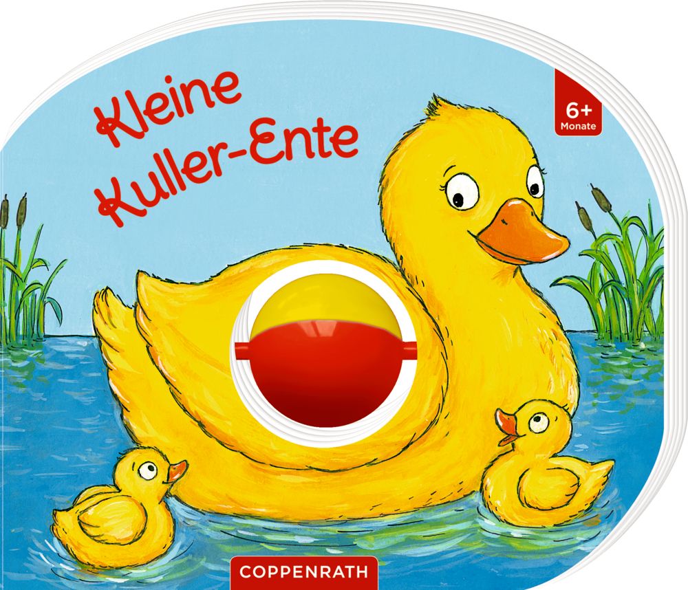 Buchcover mit gelber Ente und Küken im Wasser. Titel: Kleine Kuller-Ente. Altersempfehlung: 6+ Monate. Marke: Coppenrath.