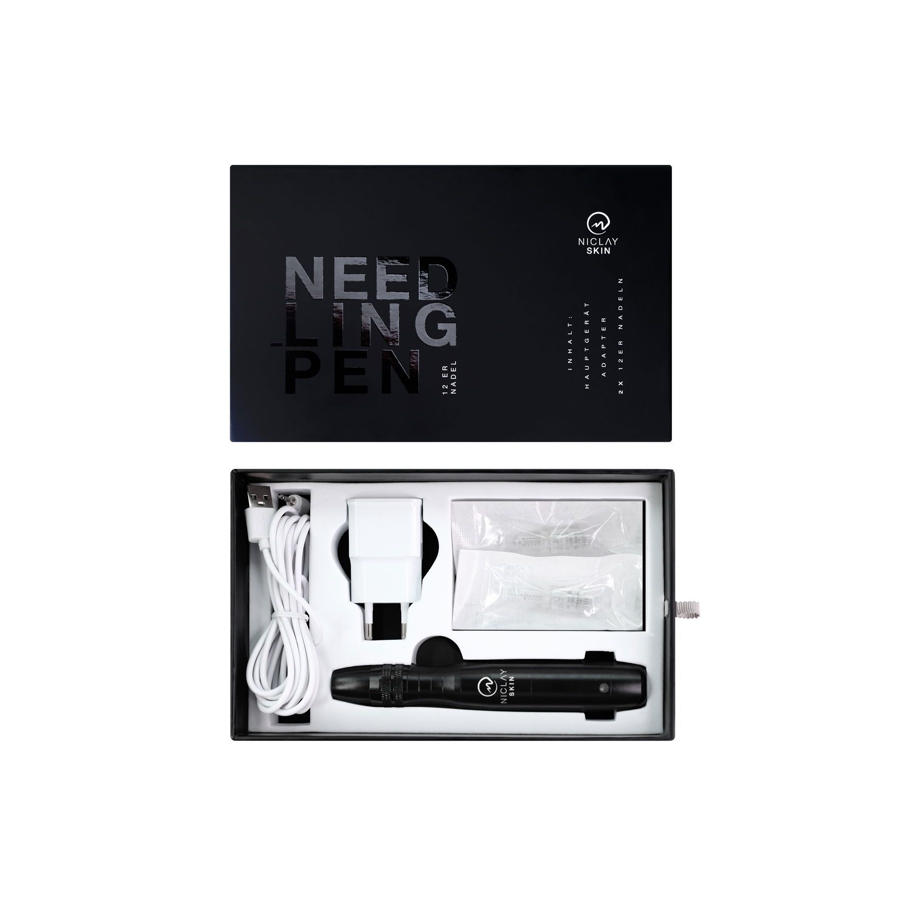 Schwarze Box mit "NEEDLING PEN"-Schriftzug. Enthält Microneedling-Stift, Netzteil, Kabel und Zubehör. Marke: NICLAY SKIN.