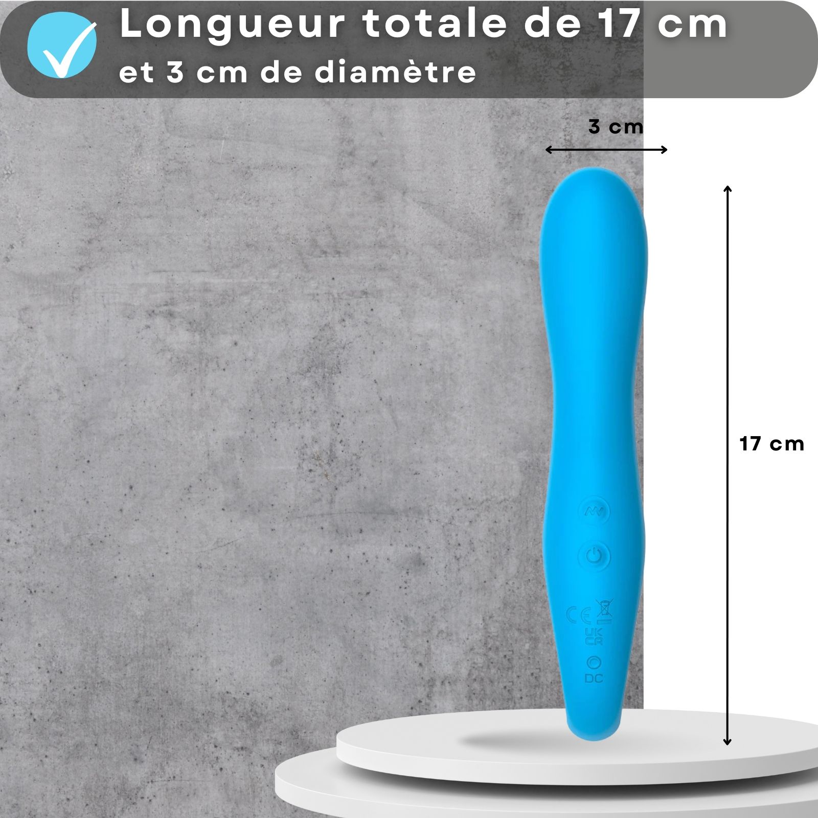 Vibromasseur bleu. 17cm de long, 3cm de diamètre.