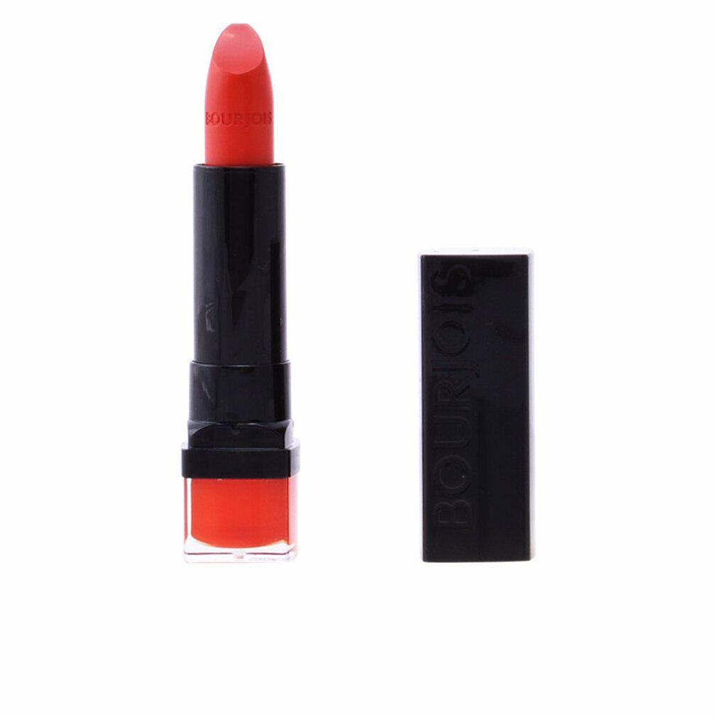 Bourjois Lippenstift, geöffnet. Schwarzer Stift, roter Lippenstift. Deckel daneben. "Bourjois" auf dem Deckel.