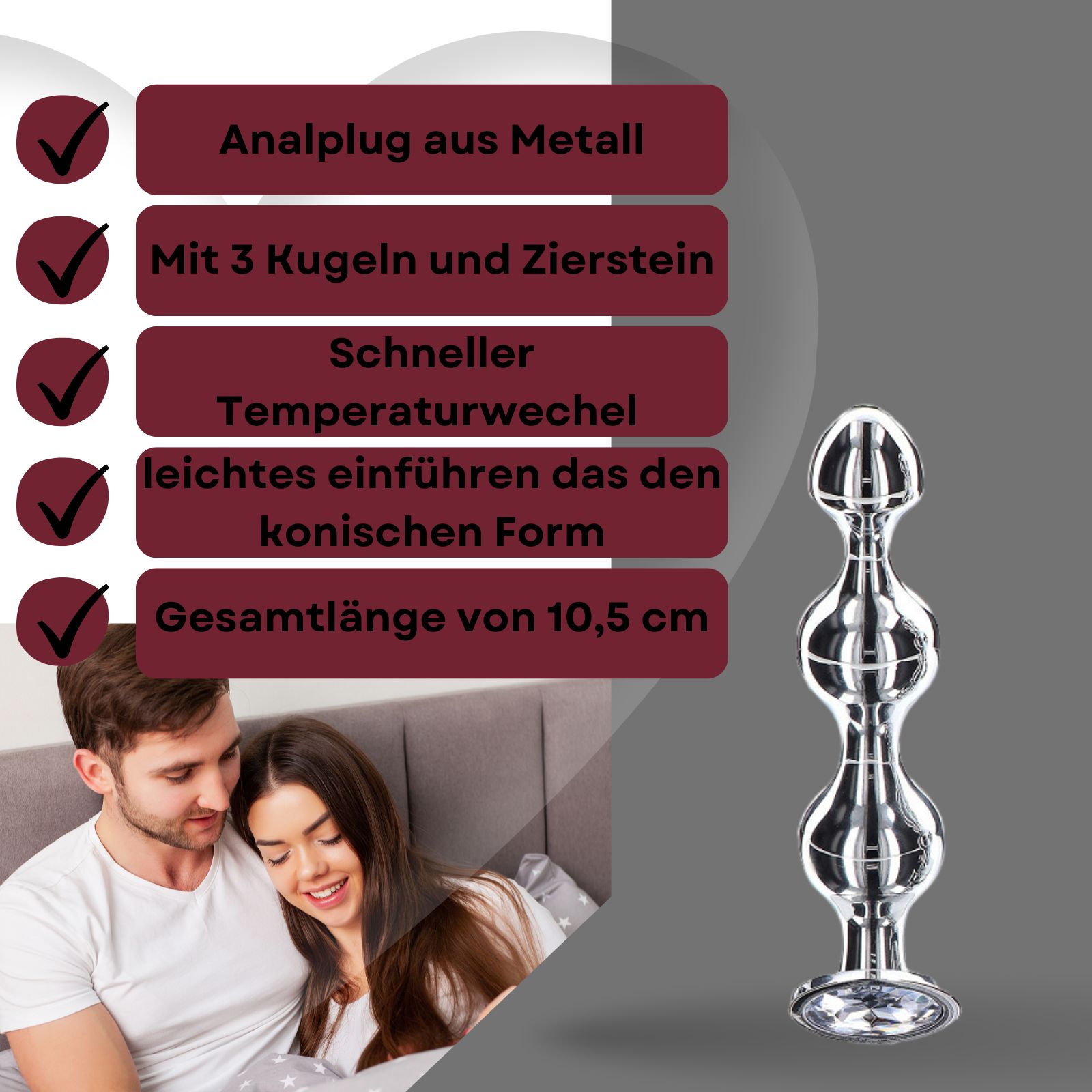 Analplug aus Metall mit 3 Kugeln und Zierstein. Konische Form, Gesamtlänge 10,5 cm. Schneller Temperaturwechsel.